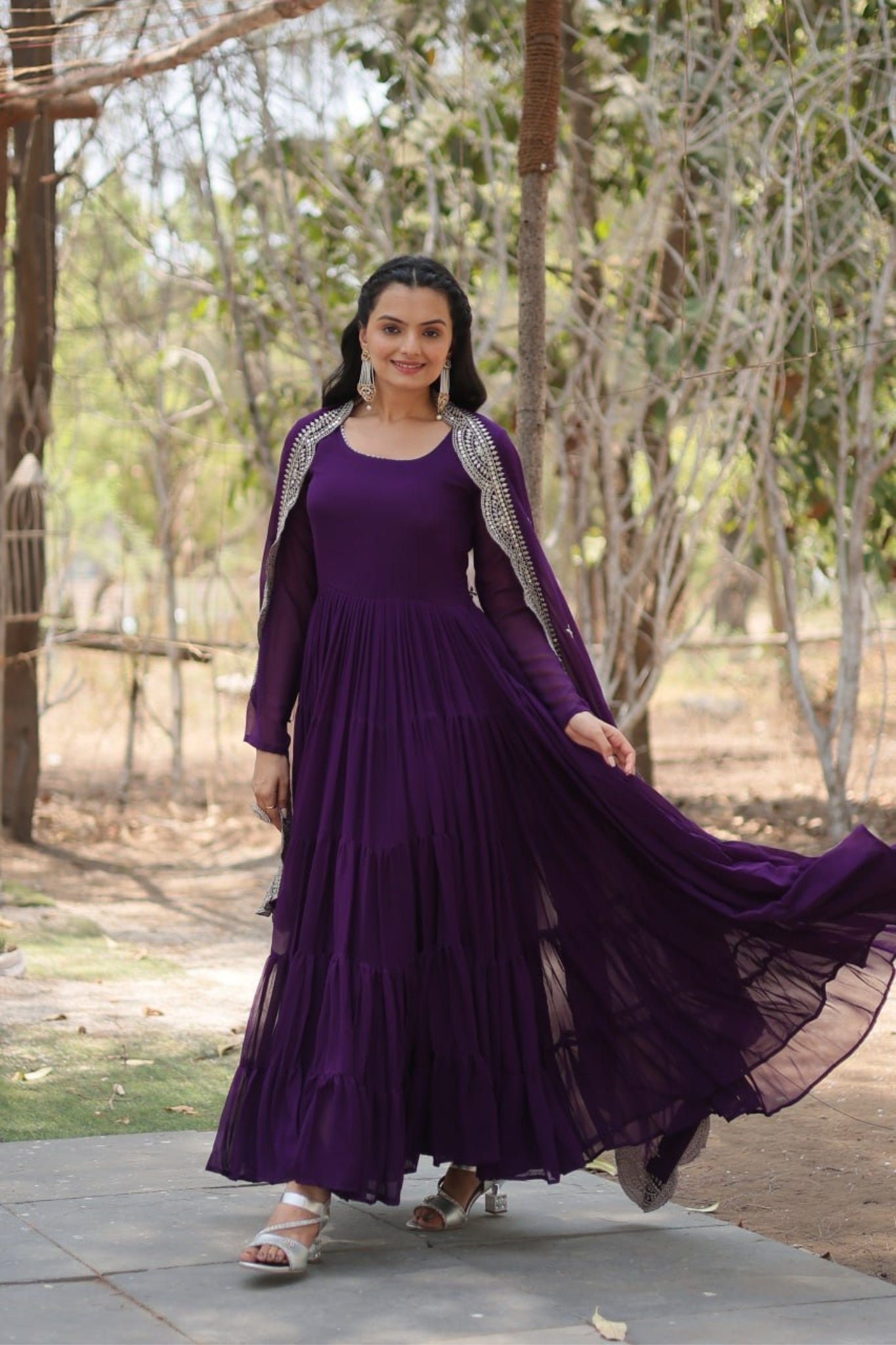 Stylish Women Tiered Gown With Dupatta Set