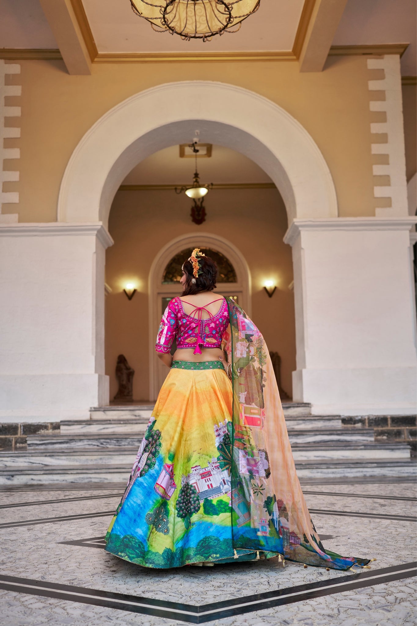 Royal Yellow Art Silk Heritage Lehenga Set With Architectural Digital Prints Organza Dupatta