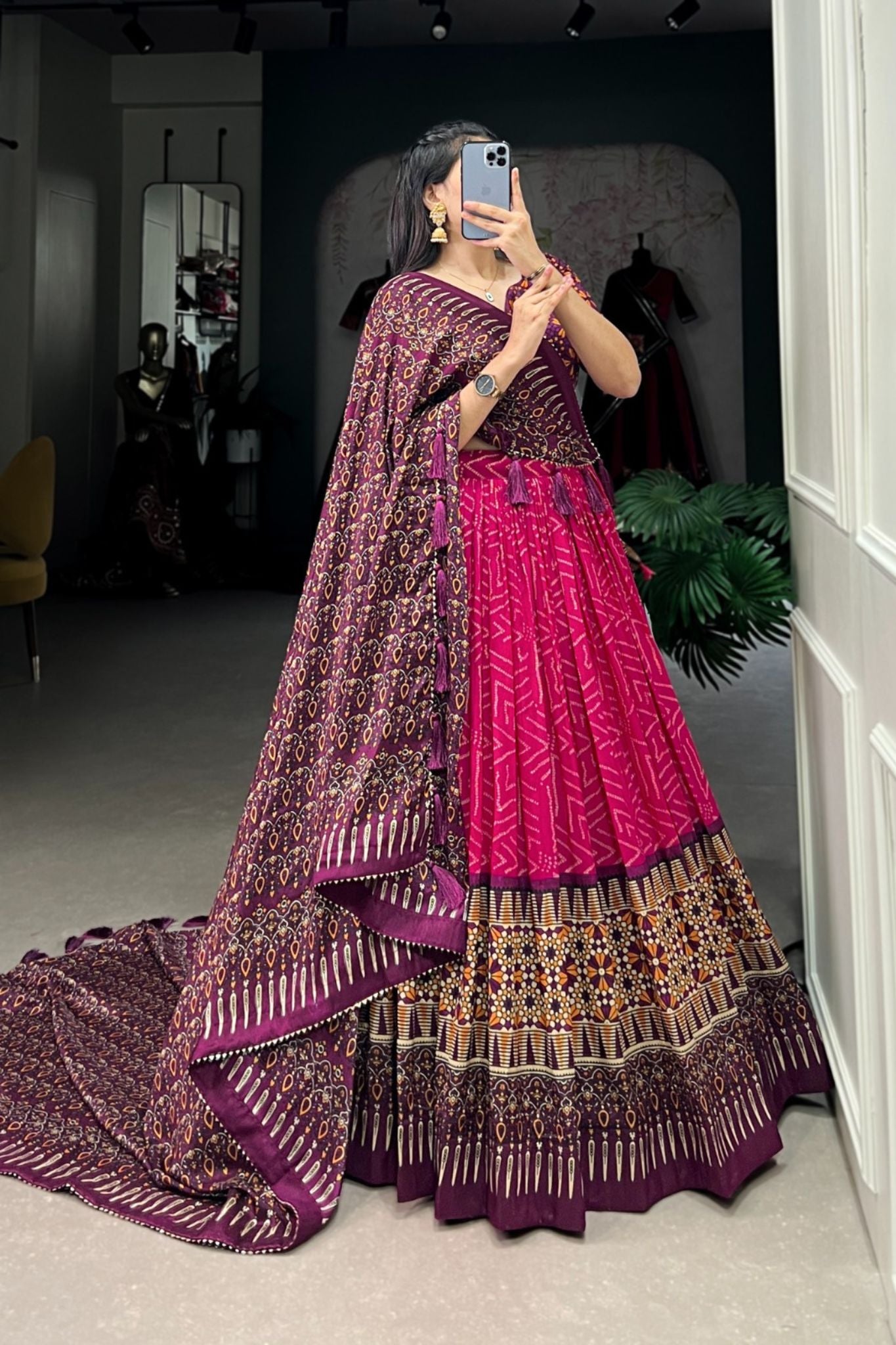 Bandhej With Ajarakh Print Silk Lehenga Choli