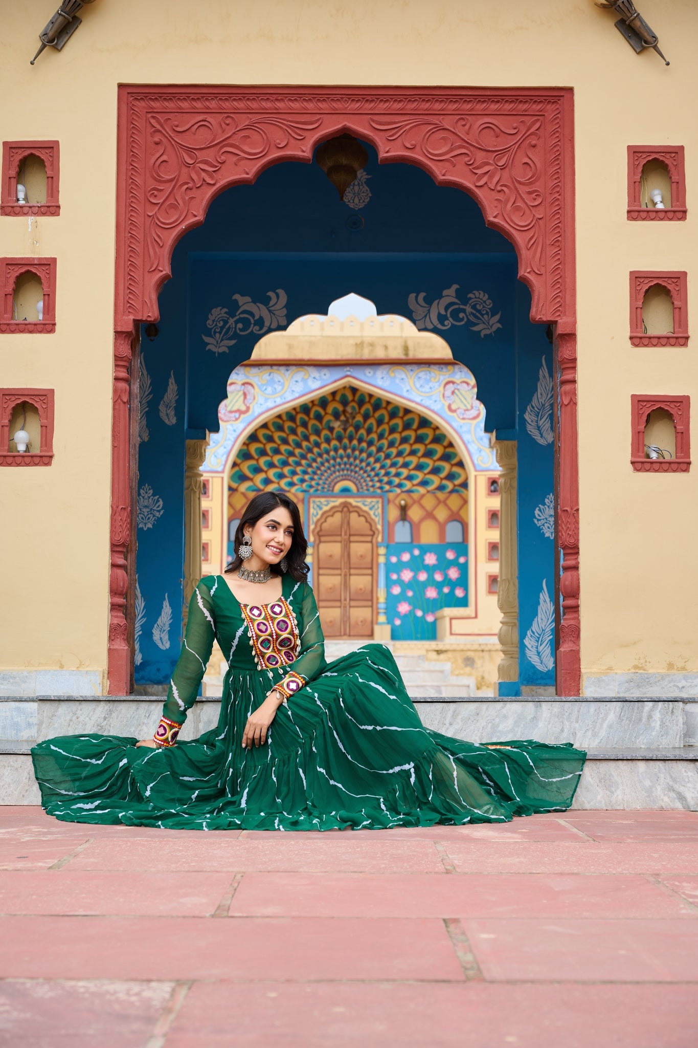 Stunning Laheriya Print With Kutchi Patch Work Georgette Stylish Navratri Gown