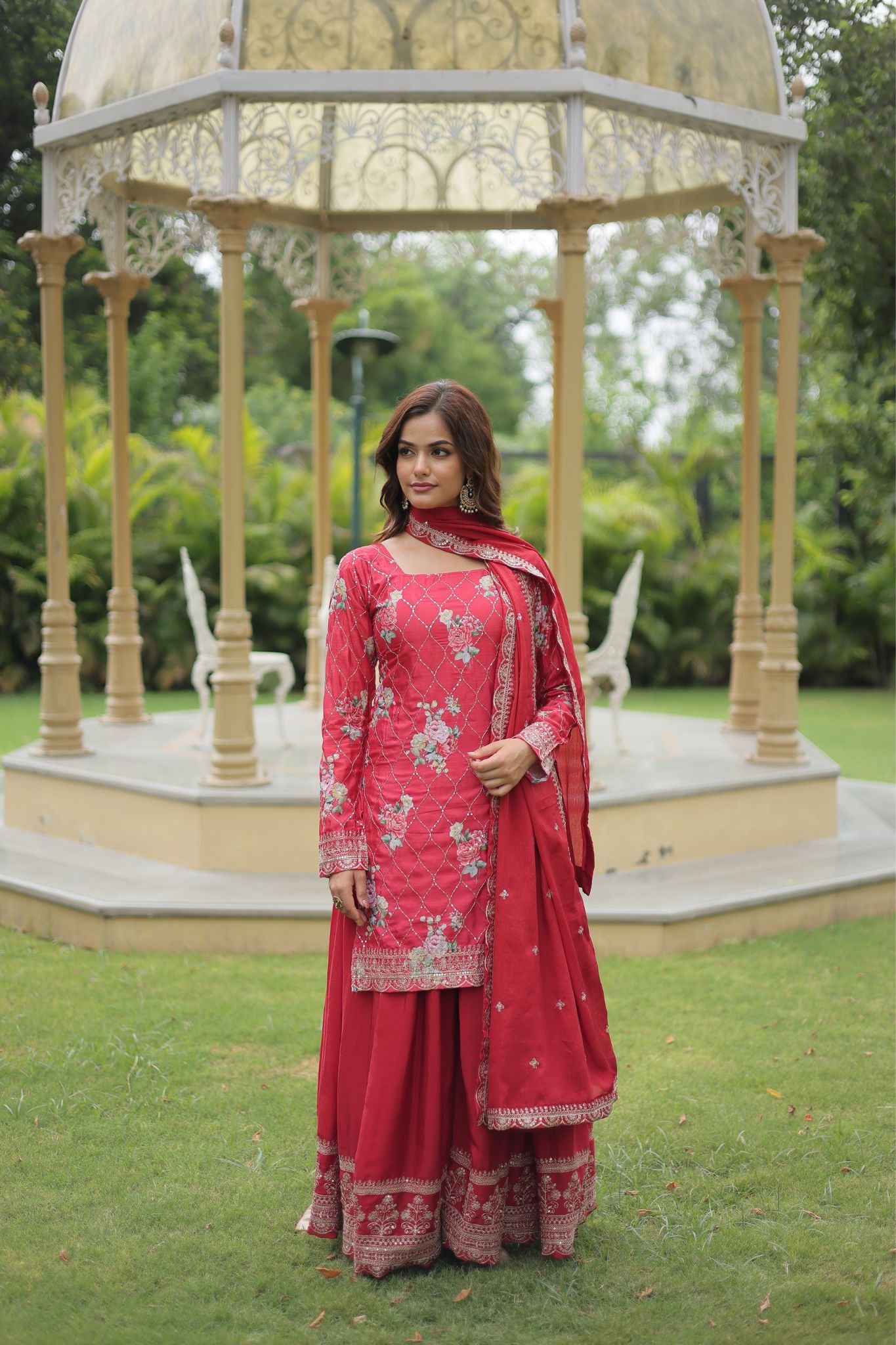 Designer Chinnon Printed  With Embroidered Work Sharara Set