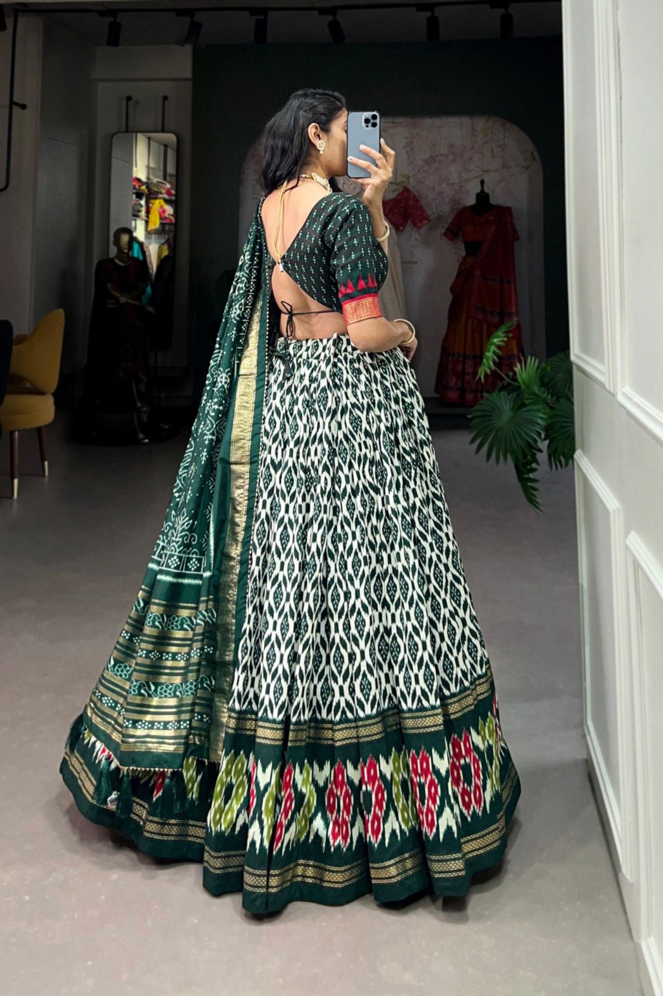 Stylish Ikkat Print Foil Work Lehenga Choli