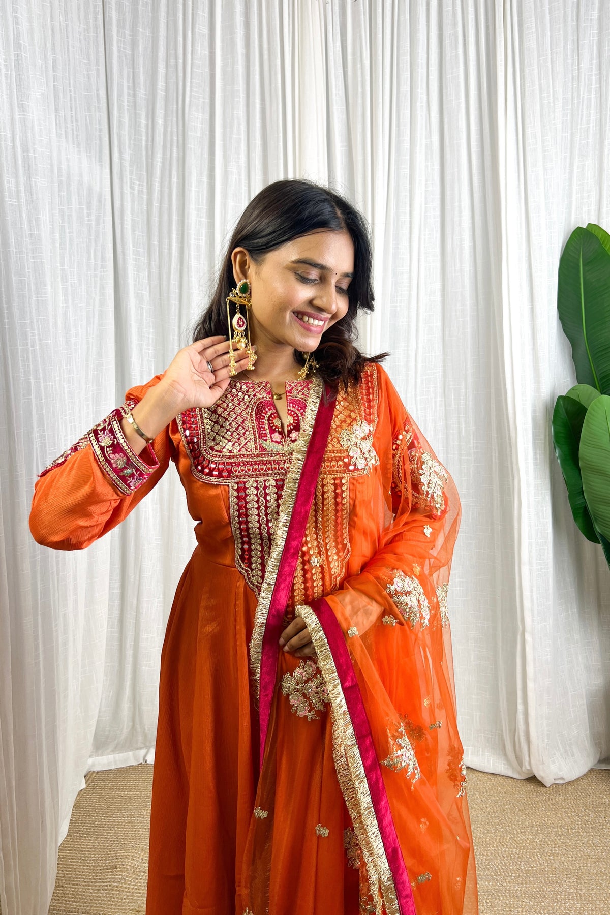 Designer Rust Orange Chinon Thread Embroidery With Real Mirror Work Anarkali Suit Set