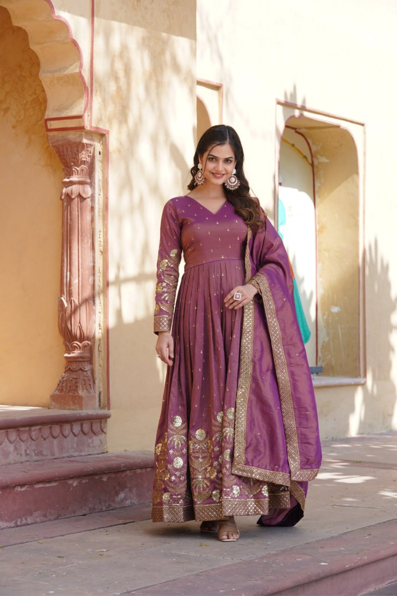 Viscose Embroidery Zari Sequins Work Gown With Dupatta Set