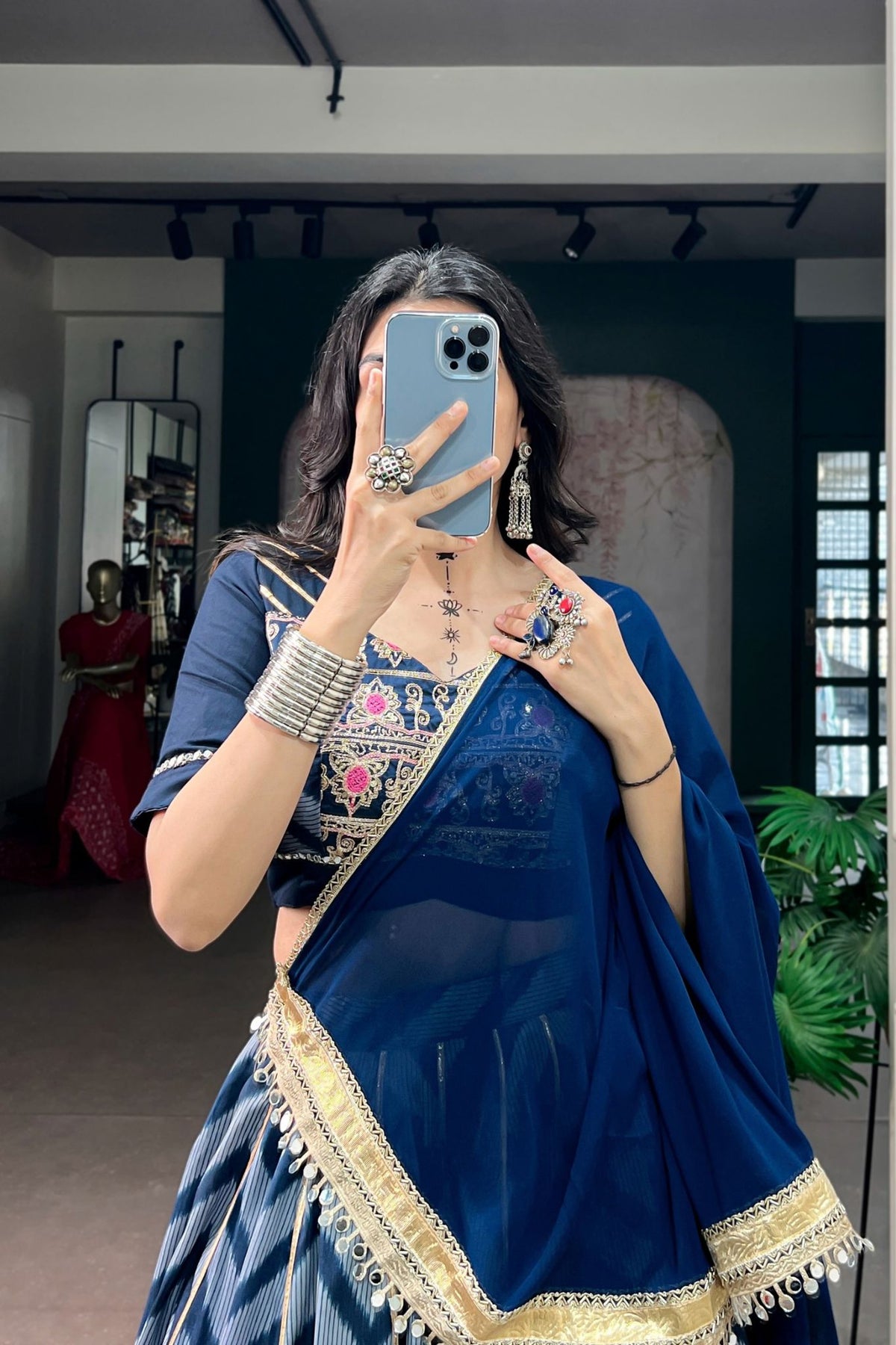 Designer Tasar Silk Mirror Work Navratri Chaniya Choli