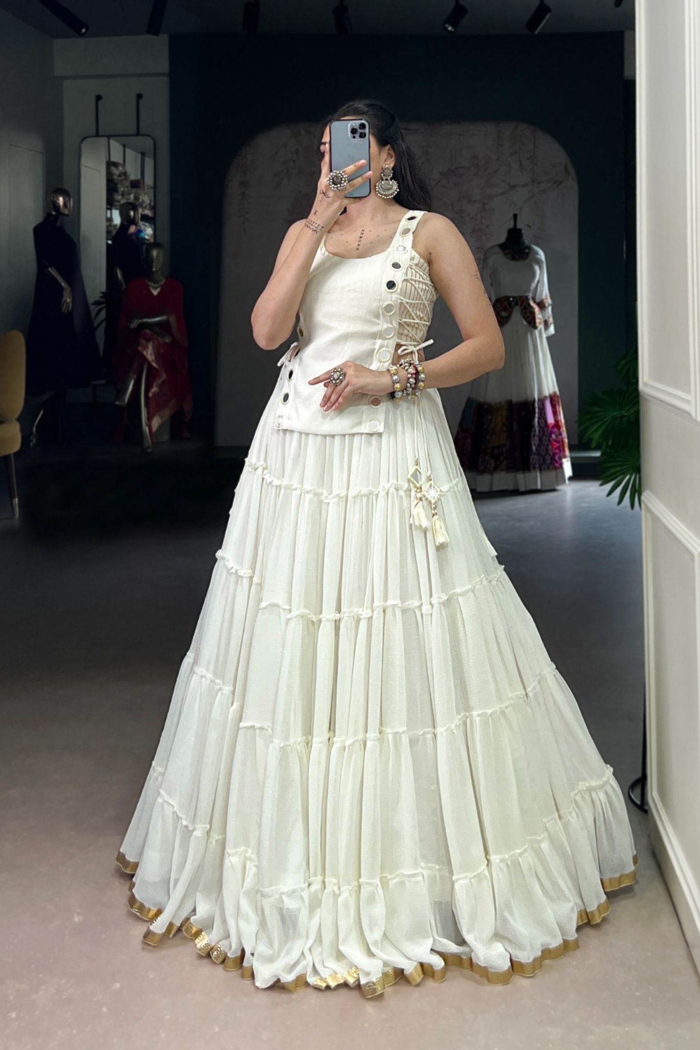 14 Meter Full Gher Navratri Showstopper Lehenga Choli With Mirror Koti