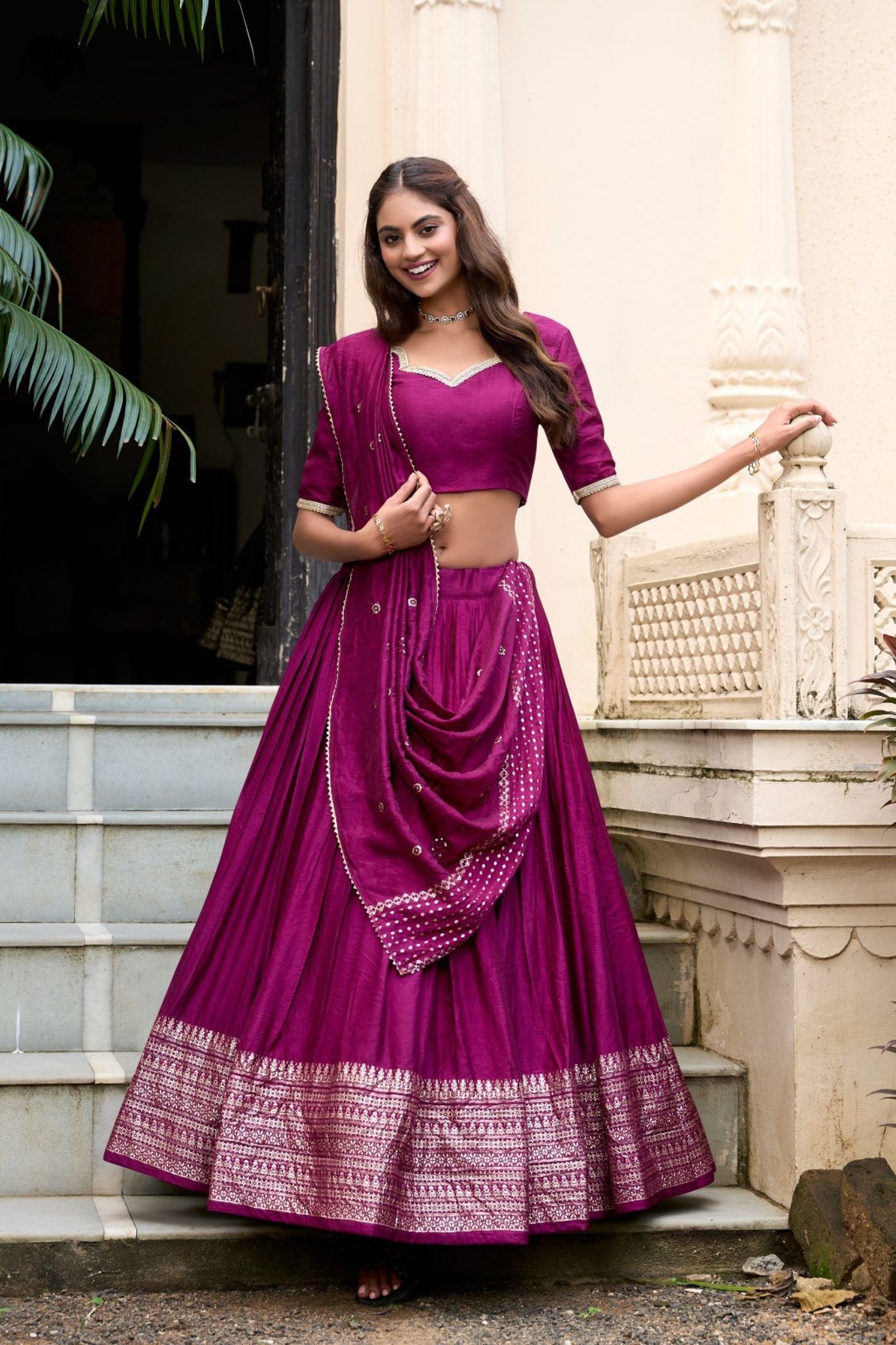 Pure Chanderi Plain With Zari Weaving Work Lehenga Choli