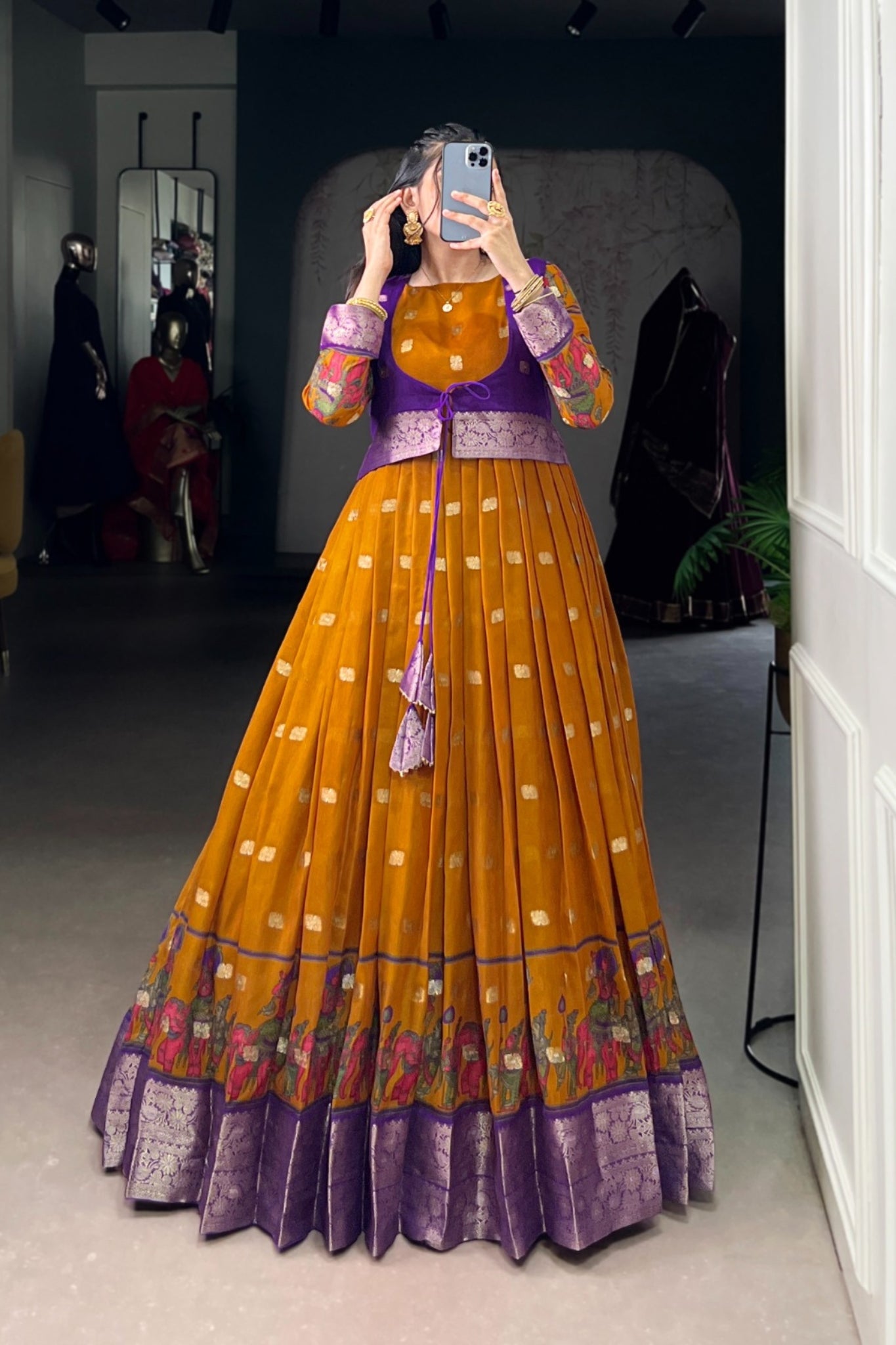 Kalamkari Printed Poly Cotton Zari Weaving Work Designer Gown
