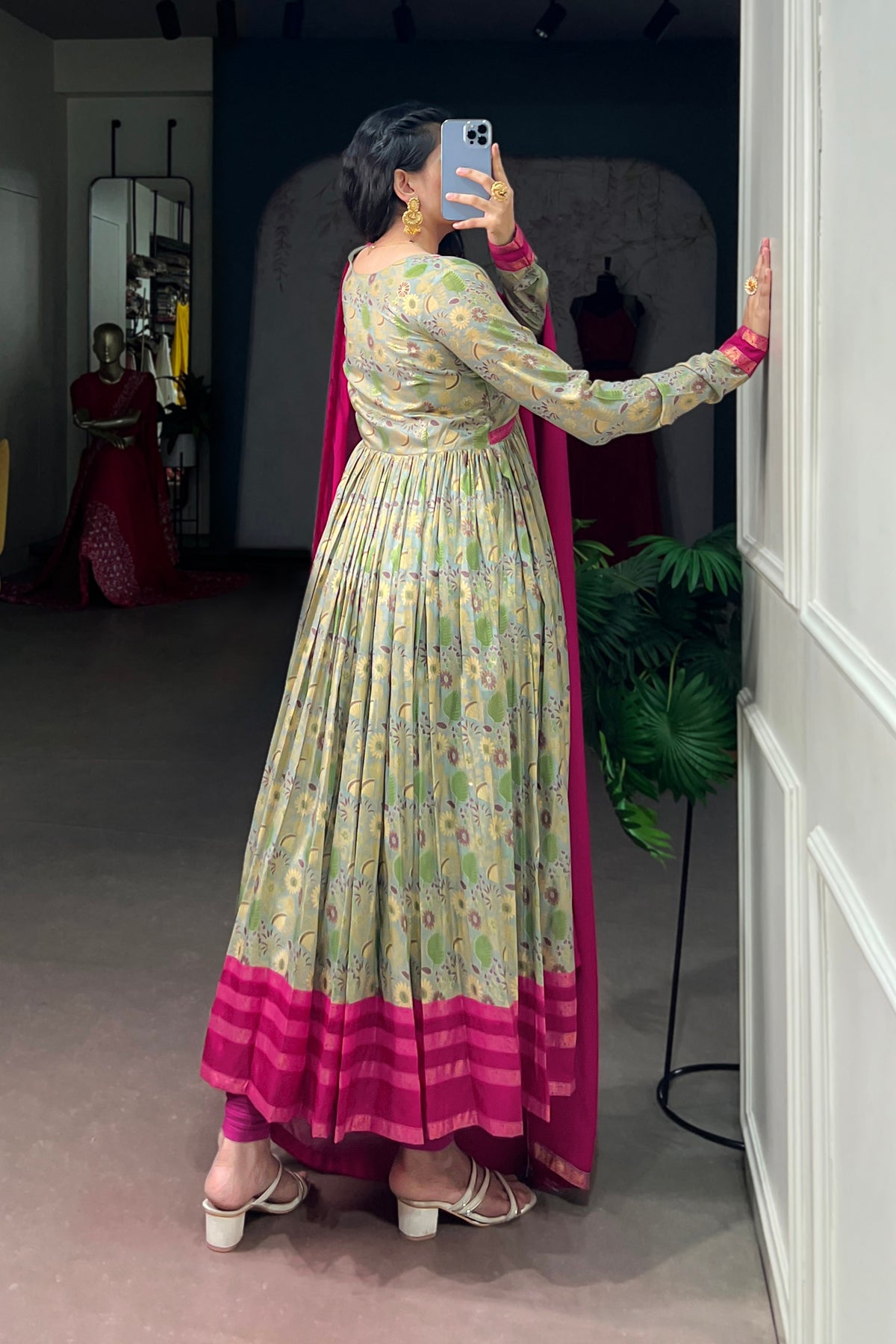 Tasar Silk Floral Print Anarkali Dress with Foil Work & Georgette Lace Border Dupatta