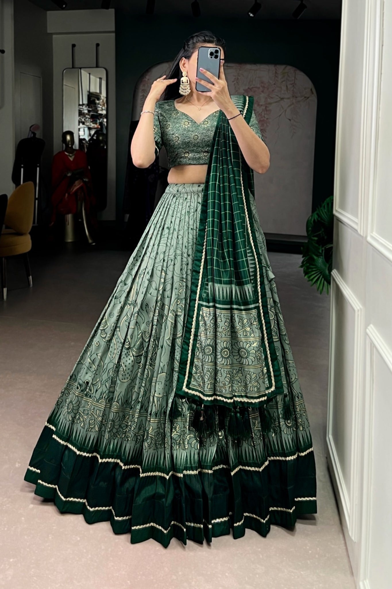 Festive Kalamkari Printed Tasar Silk Lehenga Choli With Dupatta