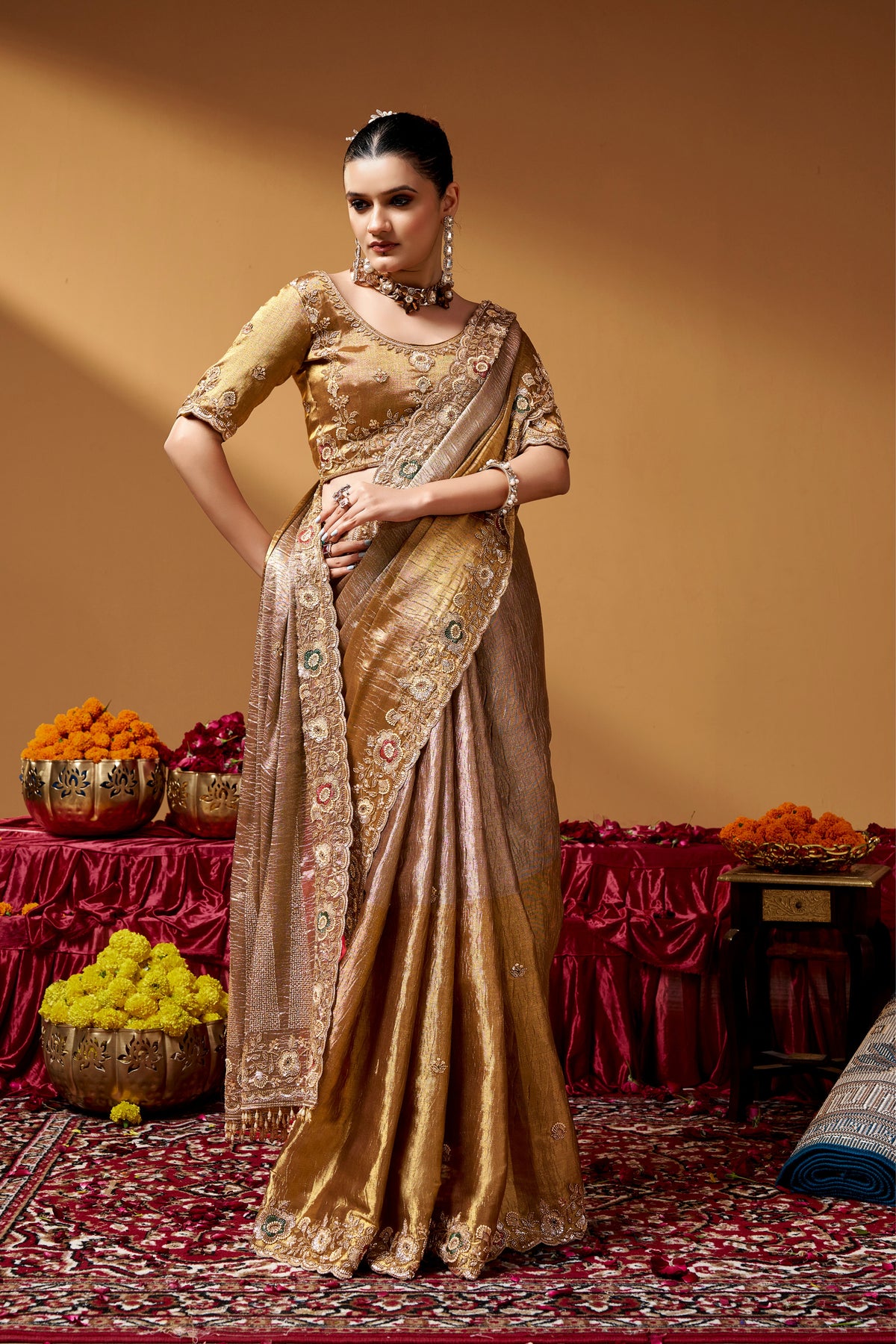 Kanjivaram Zari Tissue Designer Hand Embroider And Tube Beads Wedding Saree