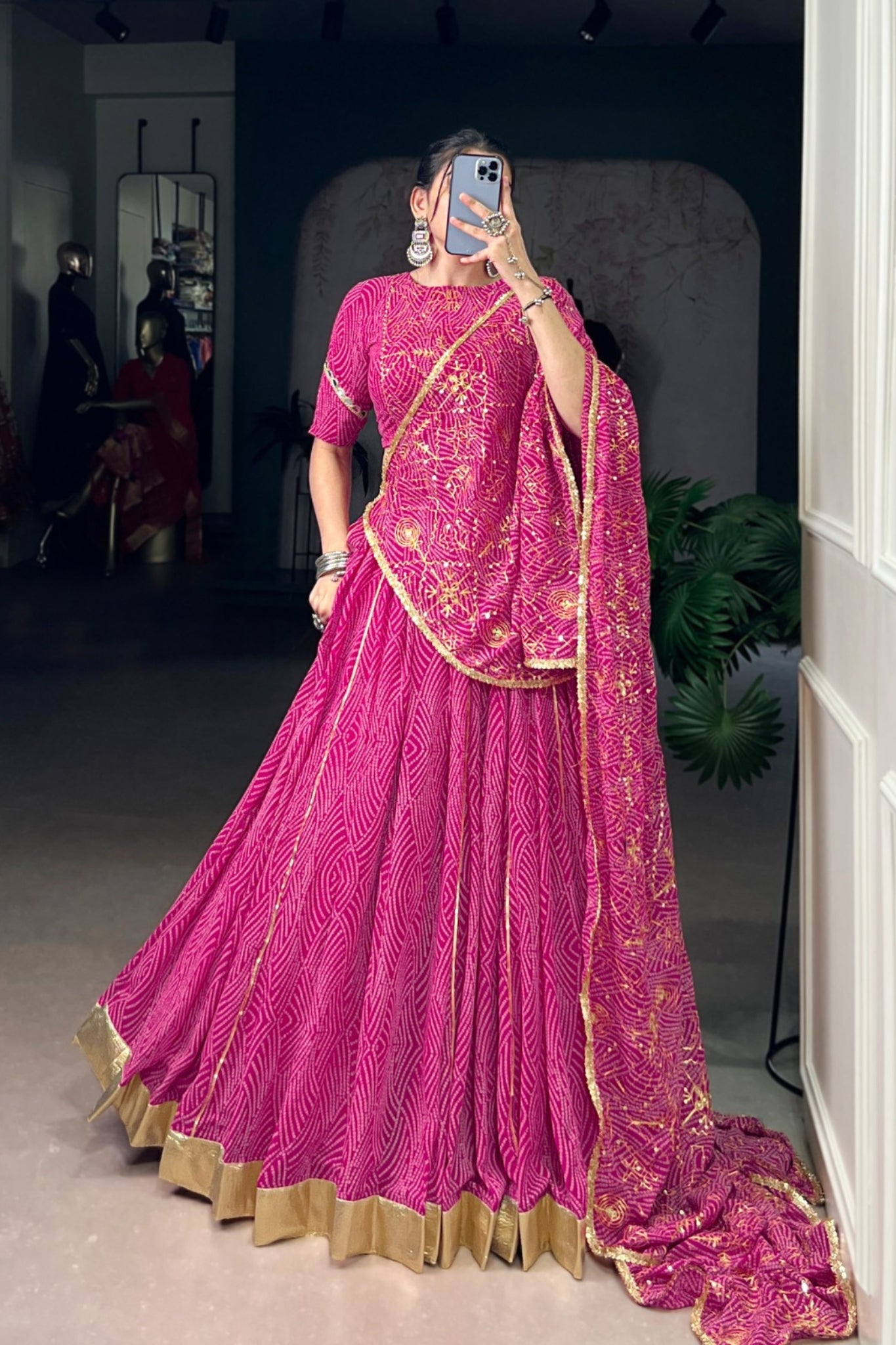 Vibrant Bandhej Print Designer Georgette With Mirror Work Lehenga Choli Set For Wedding And Navratri