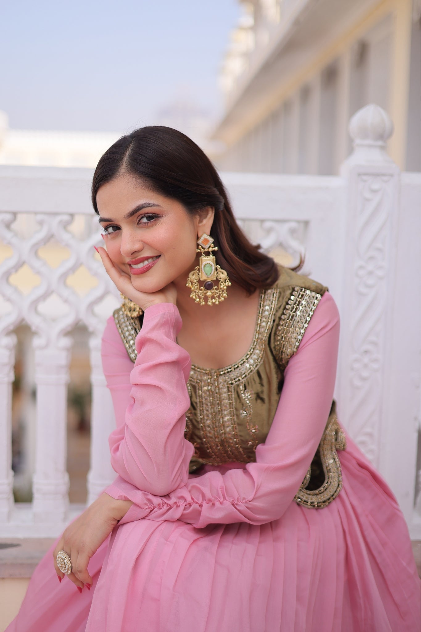 Mal Chanderi Anarkali Gown With Velvet Koti For Women