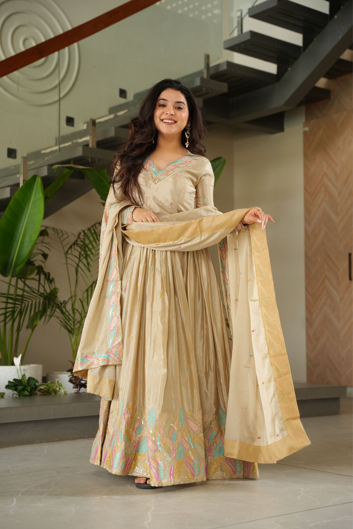 Premium Multi Thread Embroidered Work Stylish Gown With Dupatta Set