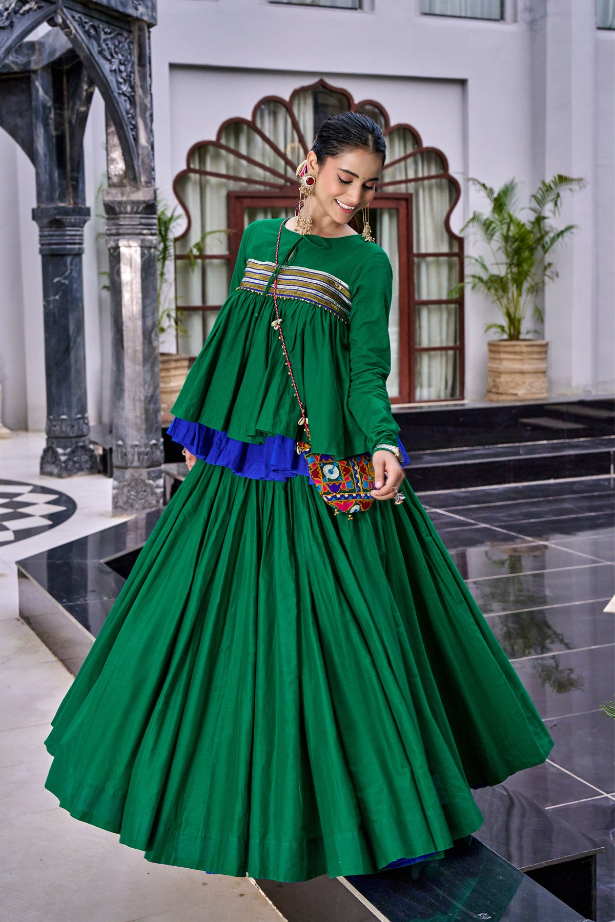 Green & Royal Blue Ruffle Tiered Pure Cotton Designer Navratri Garba Chaniya Choli