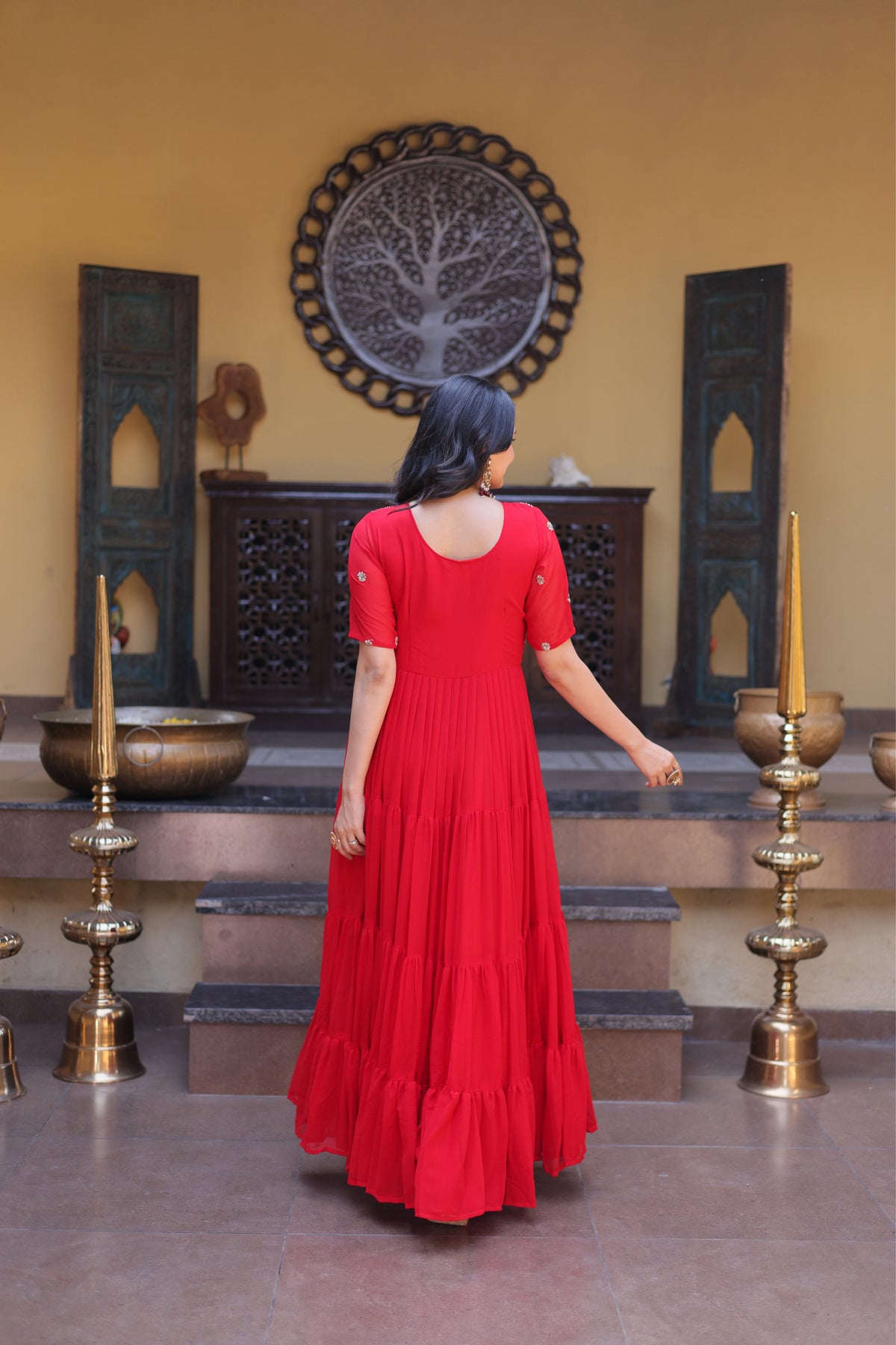 Rani Pink & Red Faux Blooming Designer Sequins Embroidered Tiered Flared Anarkali Gown