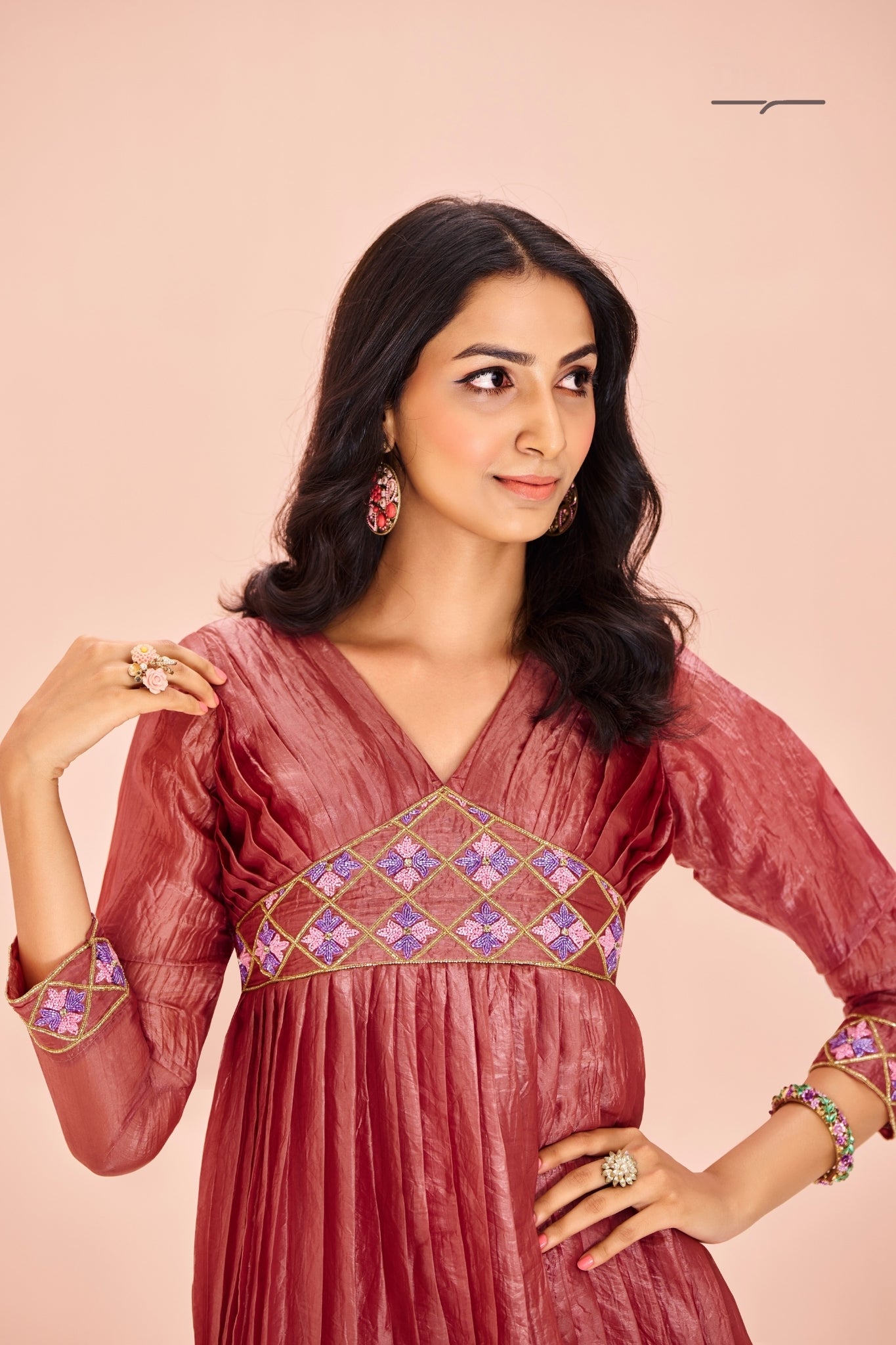 Coral Organza Designer Handwork Yoke Dress