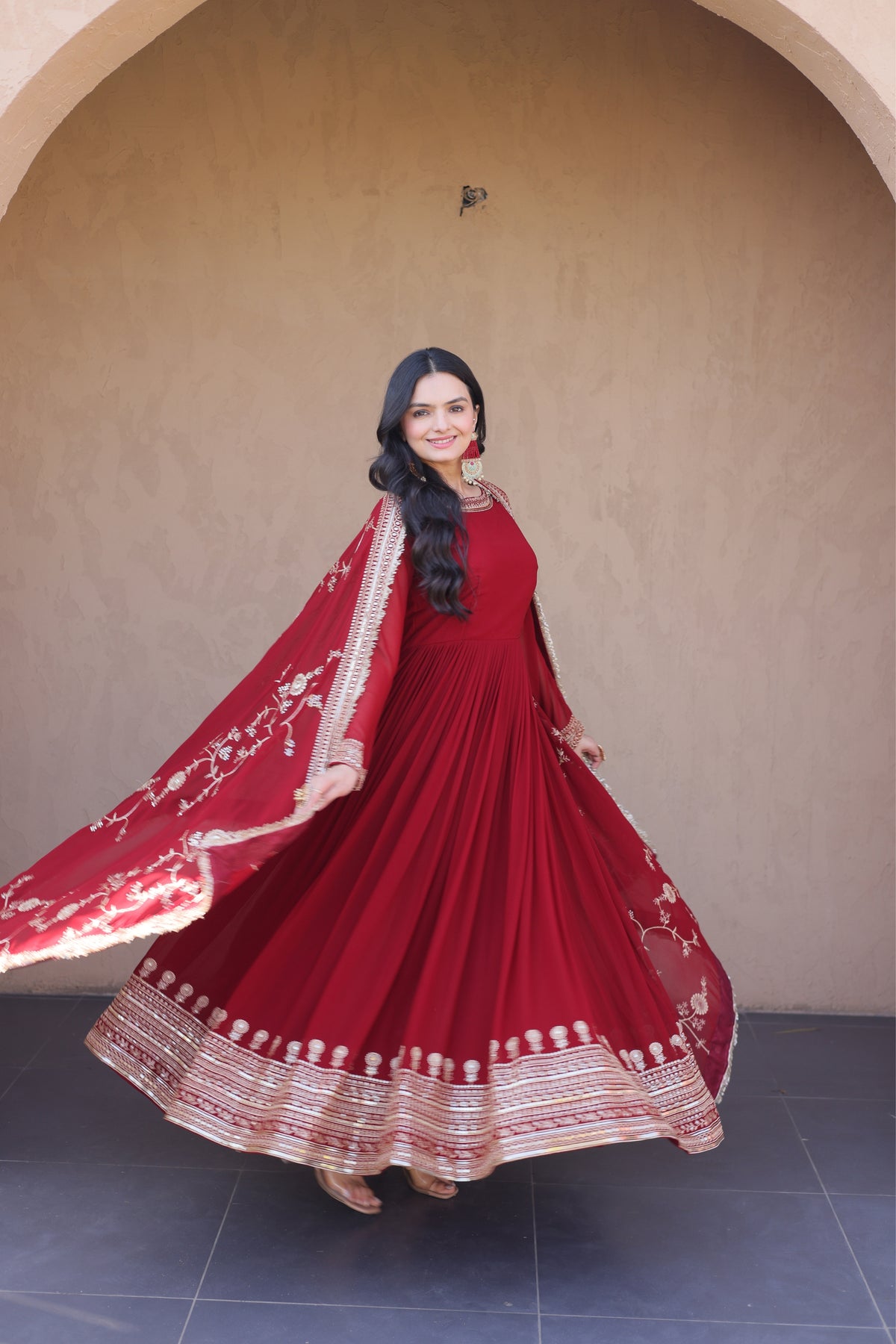 Maroon Designer Anarkali Gown with Dupatta Set