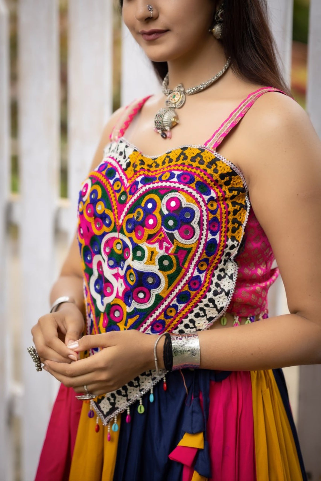 New Multicolor Frilled Pattern Real Mirror Work Navratri Chaniya Choli For Women