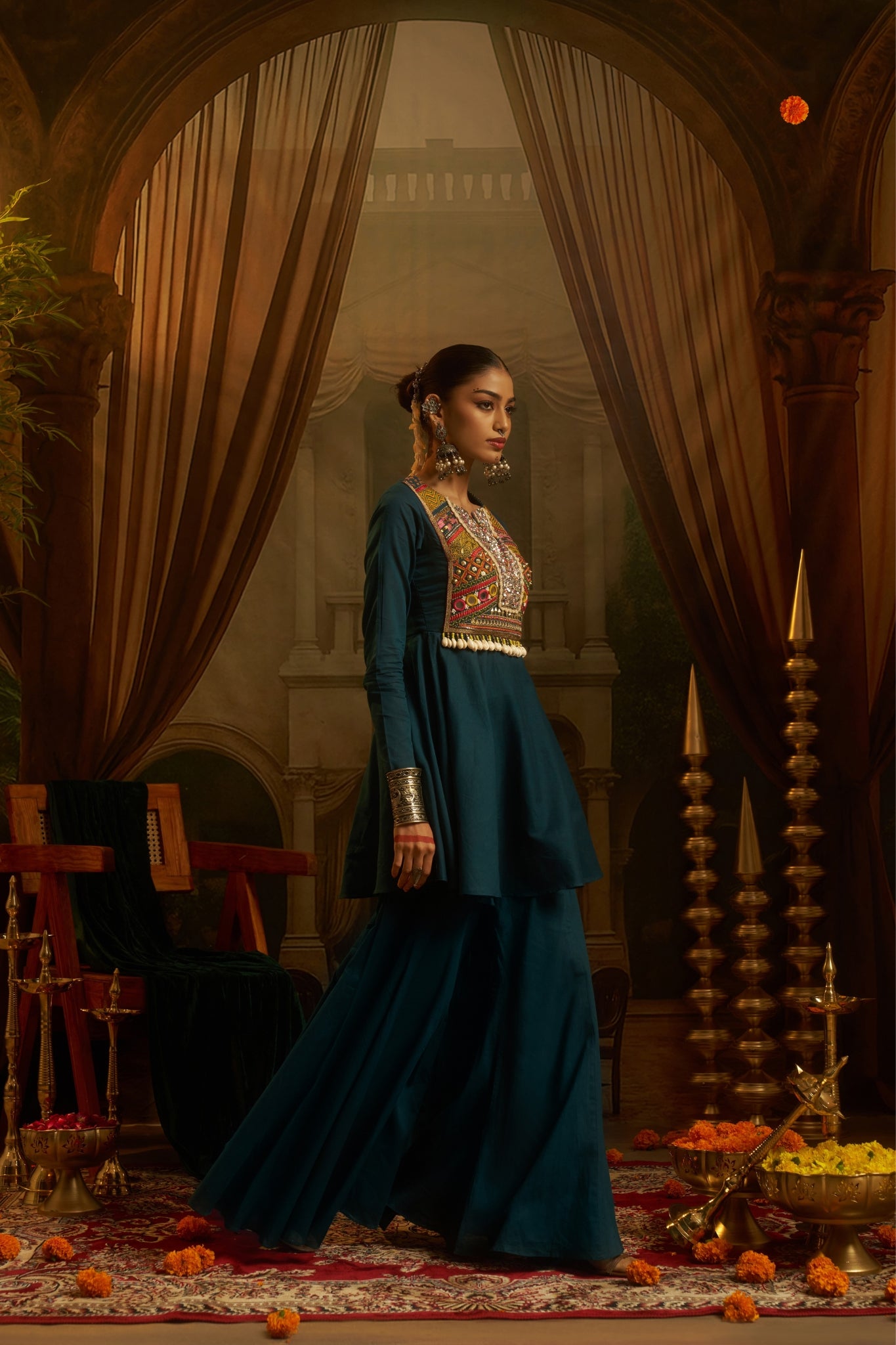 Teal Blue Hand Embroidered Peplum Sharara Set For Women