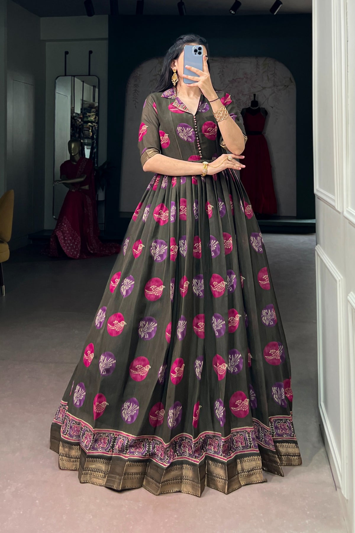 Designer Chanderi Printed Gown For Festive Wear