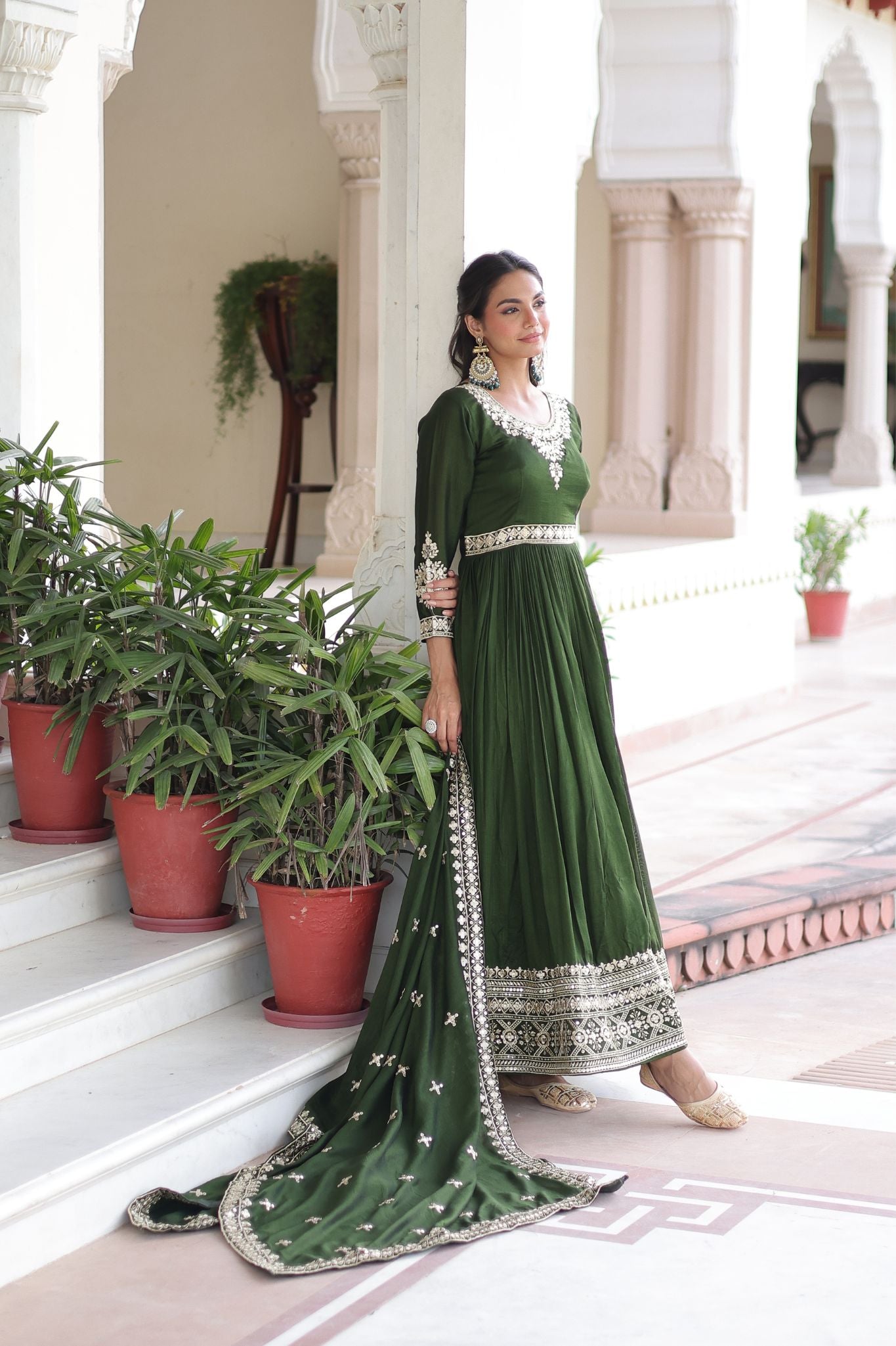 Luxury Vichitra Silk Embroidered Gown Set
