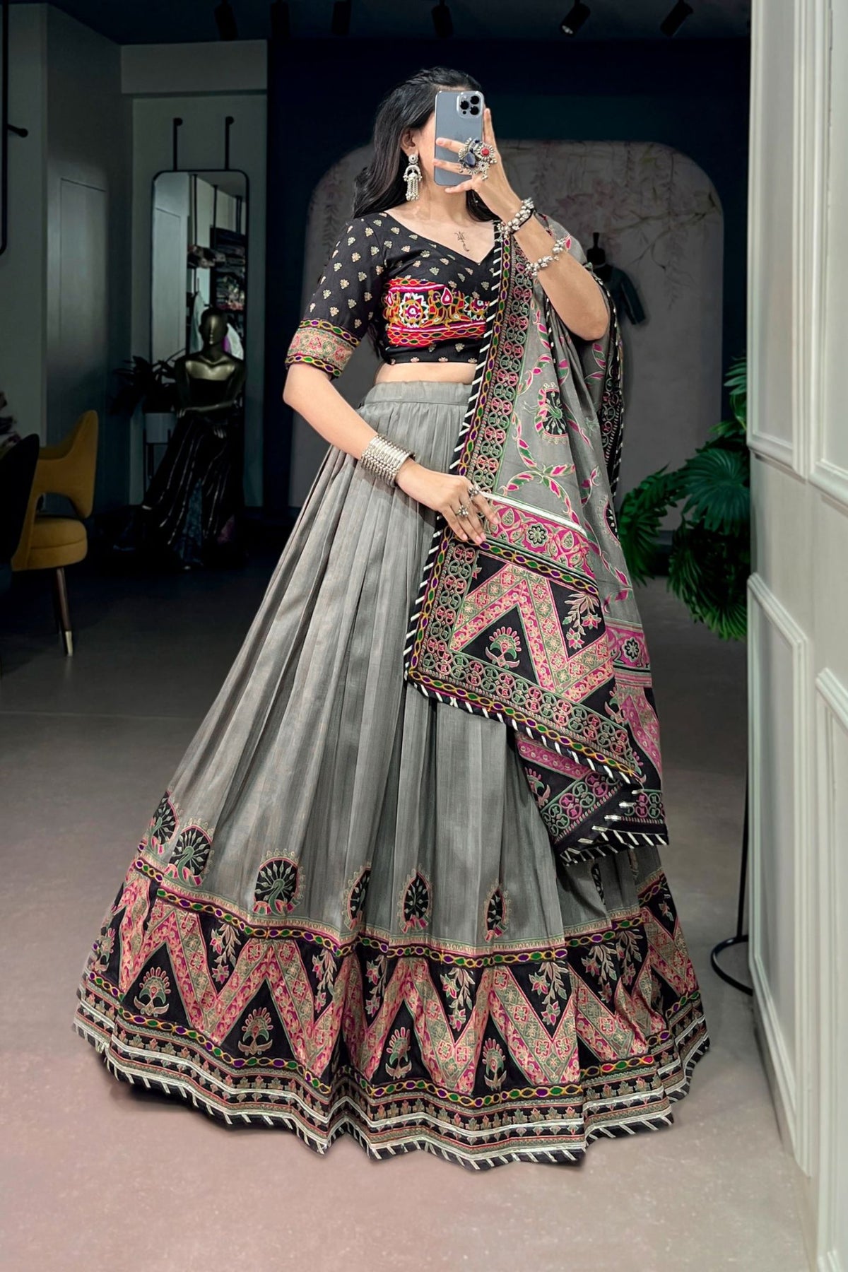 Tasar Silk Gamthi Work Designer Navratri Lehenga Choli