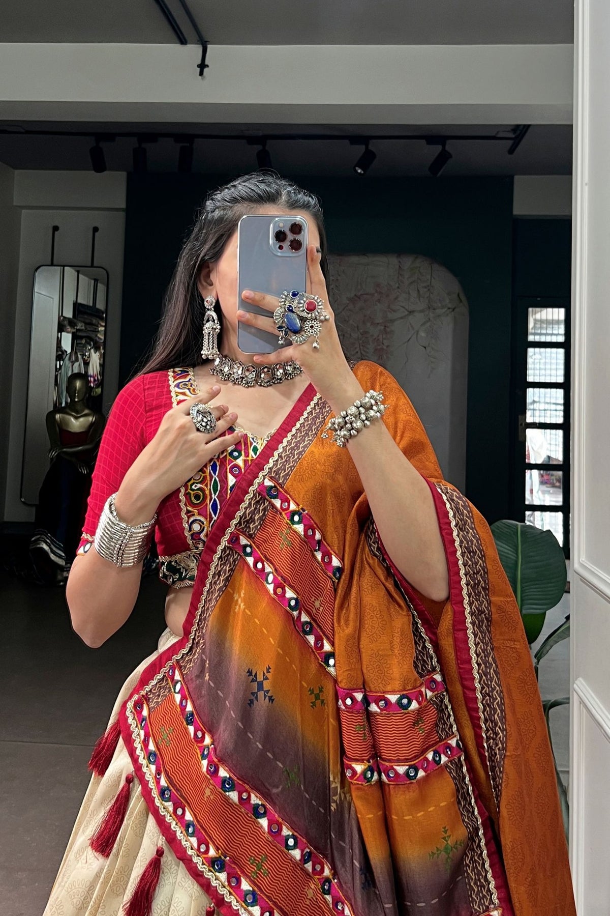 Tasar Silk Tie & Dye With Gamthi Work Navratri Lehenga Choli
