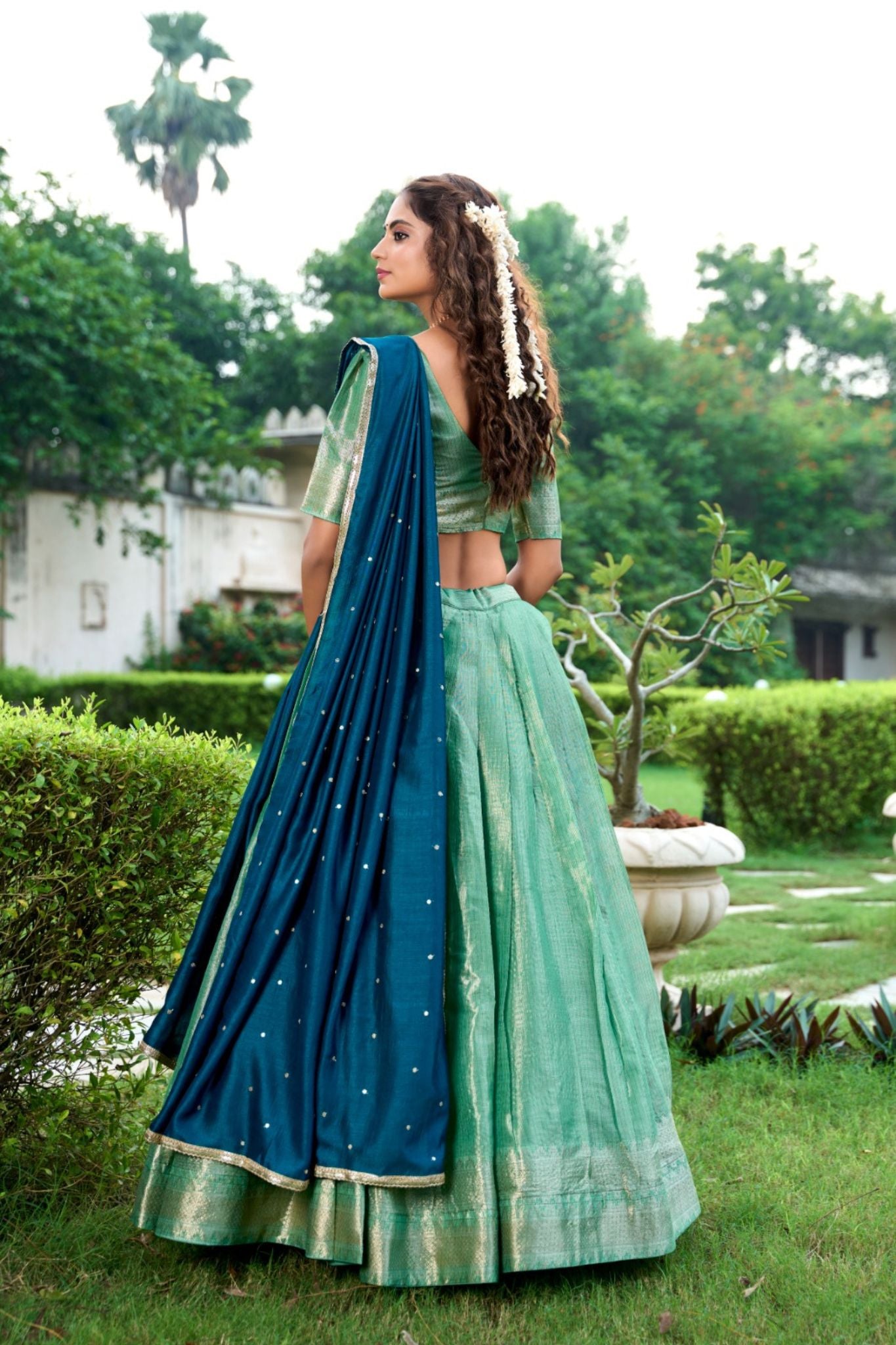 Kanchipuram Silk Lehenga Collection Green, Beige, and Pink with Contrasting Dupattas