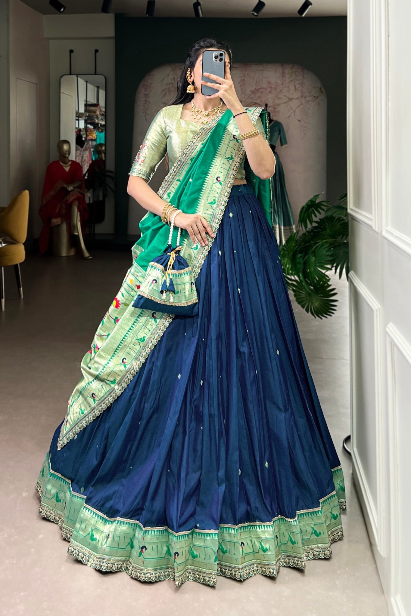 Designer Premium Paithani Soft Silk Zari Weaving Sequins With Thread Embroidery Lehenga Set