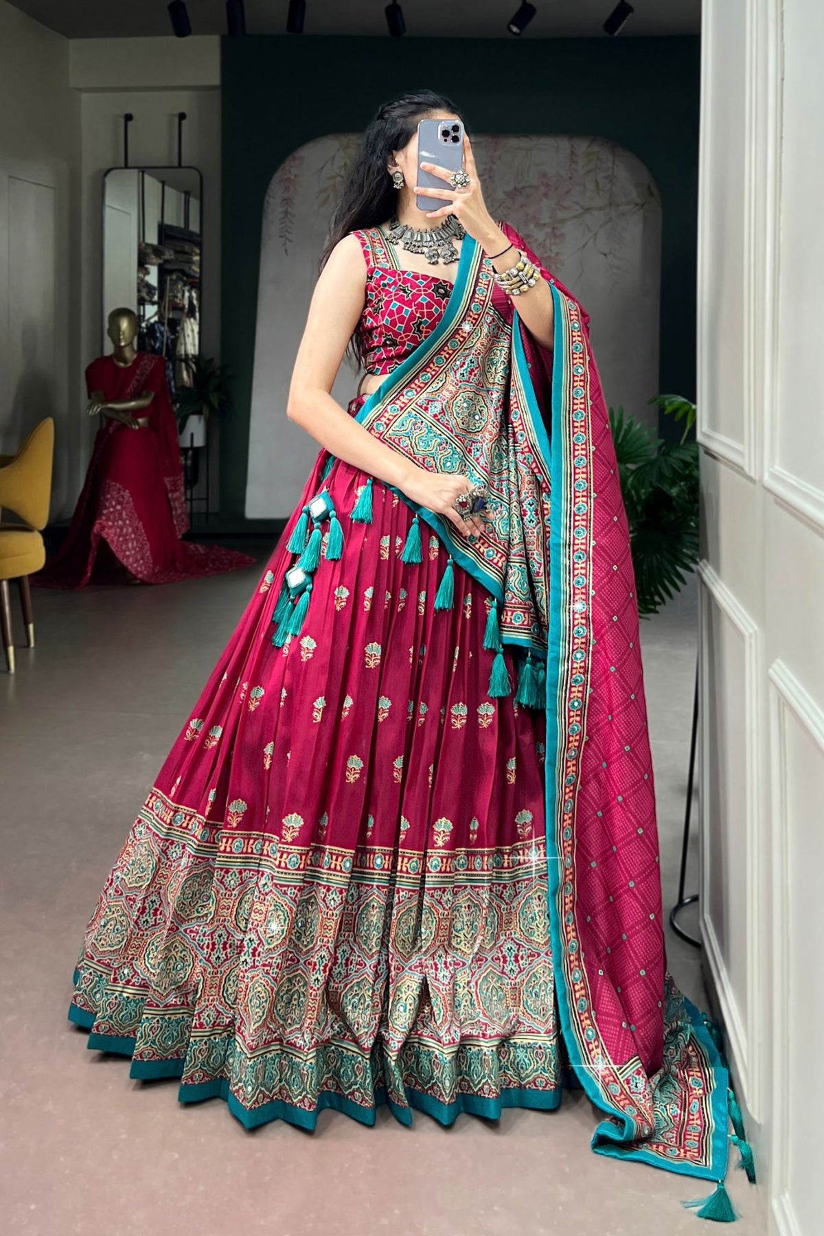 Designer Tasar Silk Ajrak Print Navratri Lehenga Choli