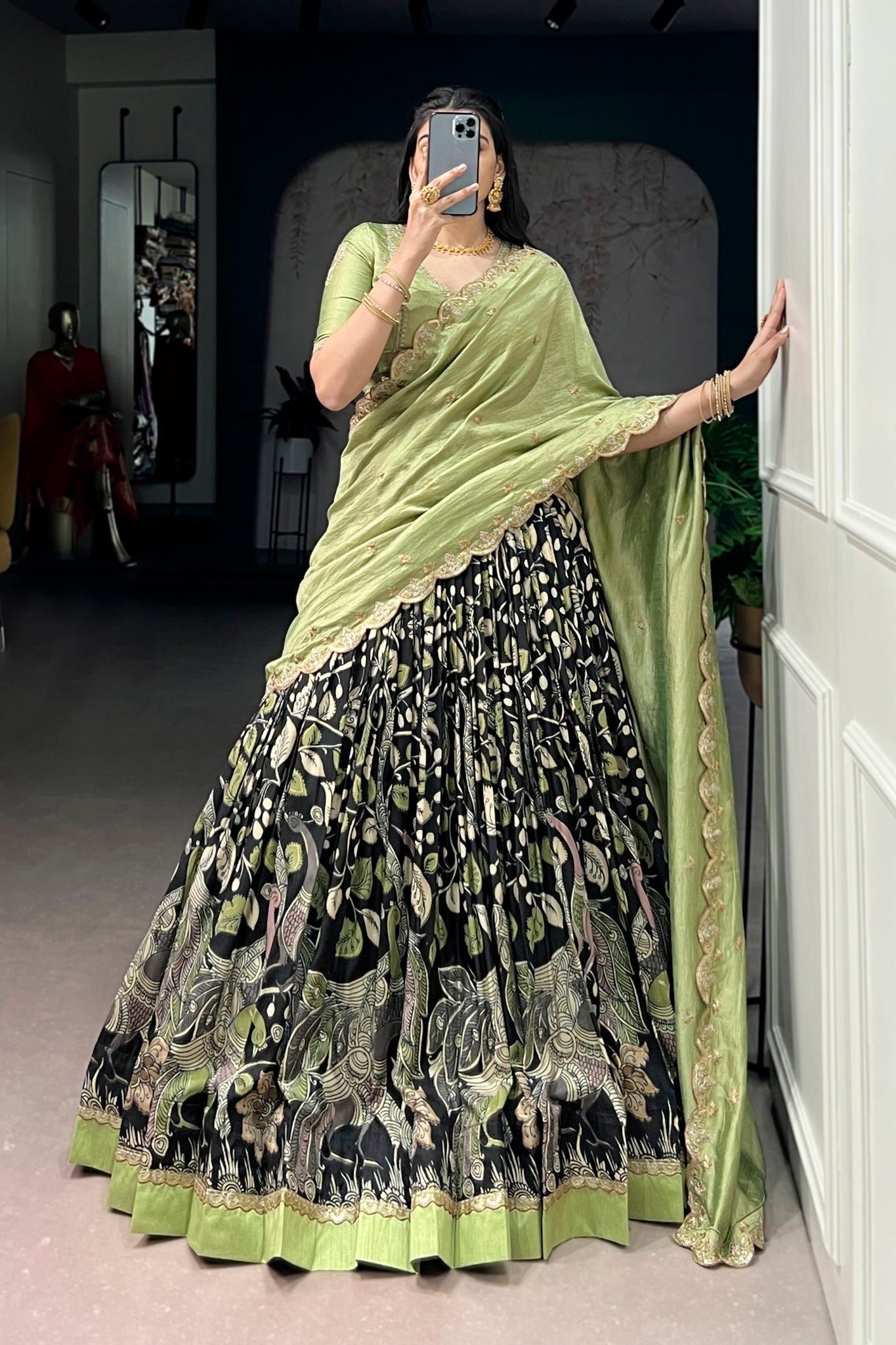 Premium Kalamkari Tasar Silk Lehenga Choli With Embroidered Dupatta