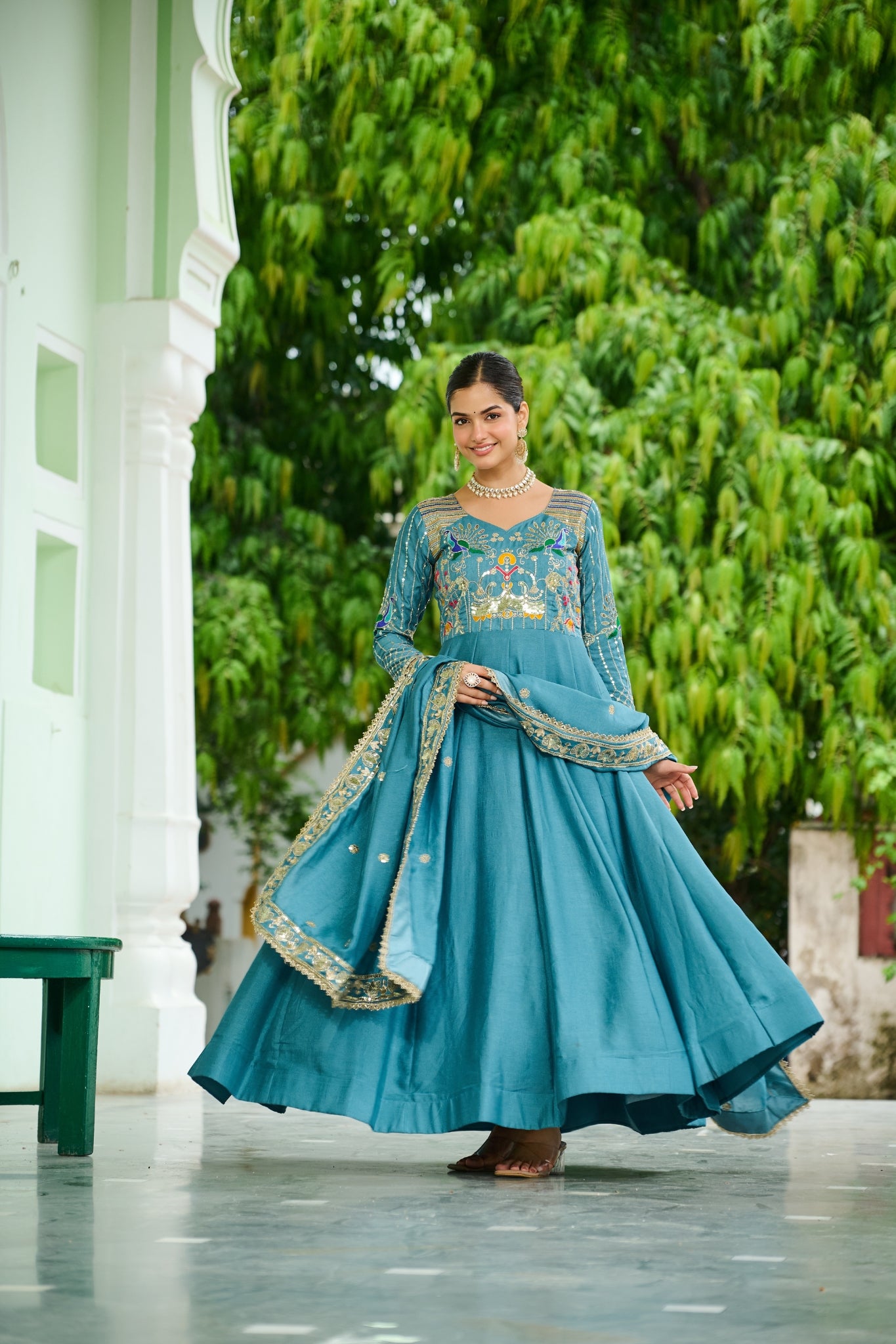 Premium Vichitra Silk Embroidered Gown With Sequins And Zari Work