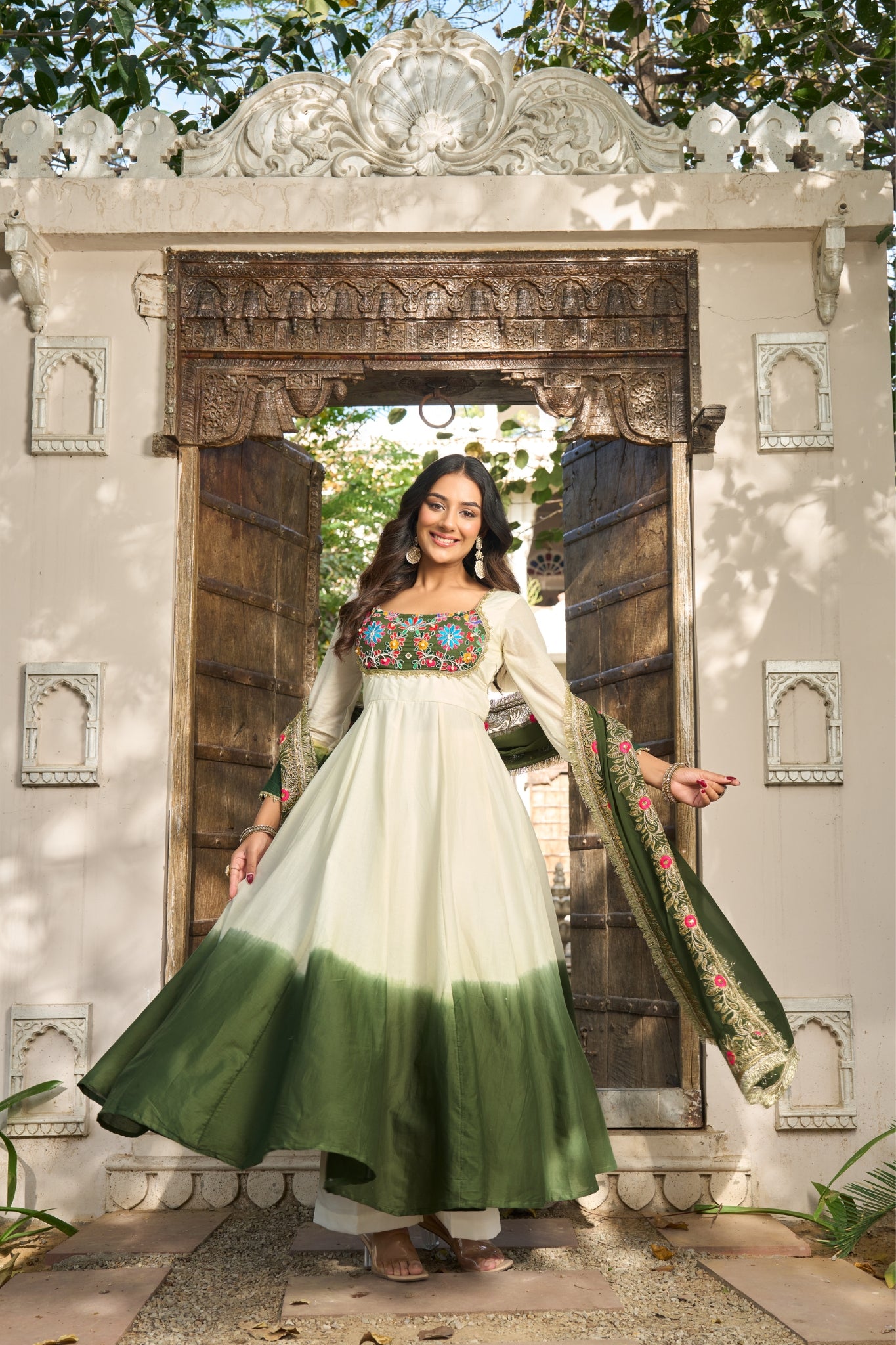 Designer Mul Chanderi Anarkali Suit Set With Palazzo Dupatta For Women