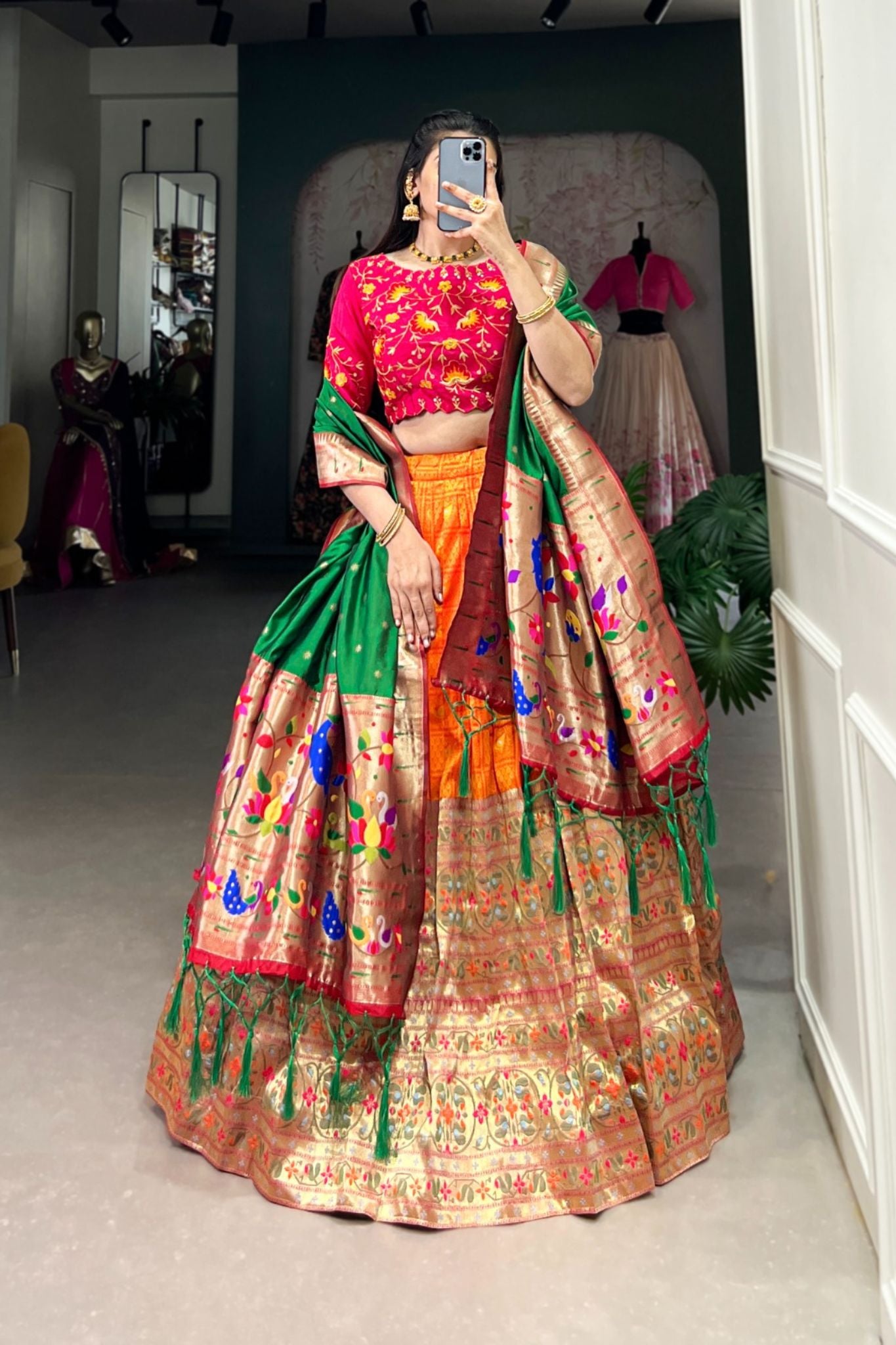 Orange Color Jacquard Fabric Paithani Lehenga Choli For Women