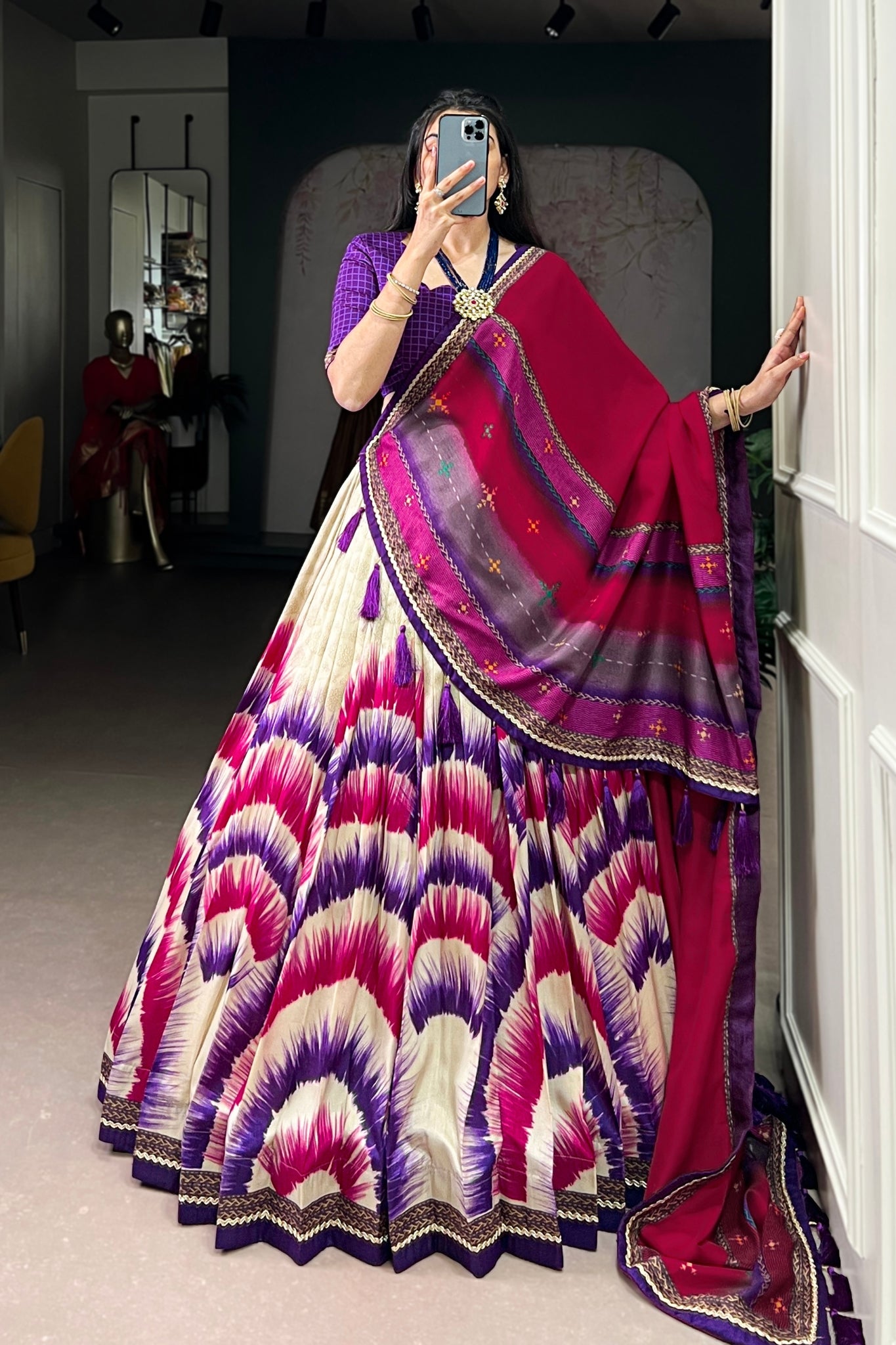 Tasar Silk Tie Dye Lehenga Set With Printed Dupatta And Chex Blouse