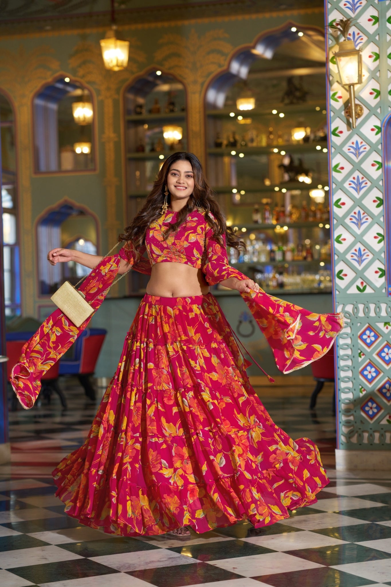 Floral Marble Print Lehenga Choli Set For Women