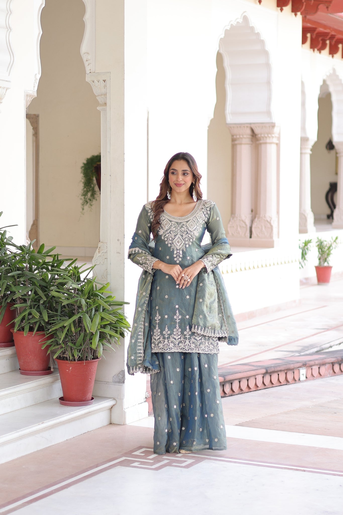 Designer Fendi Silk Kurti Sharara Set With Coding Sequins Embroidery