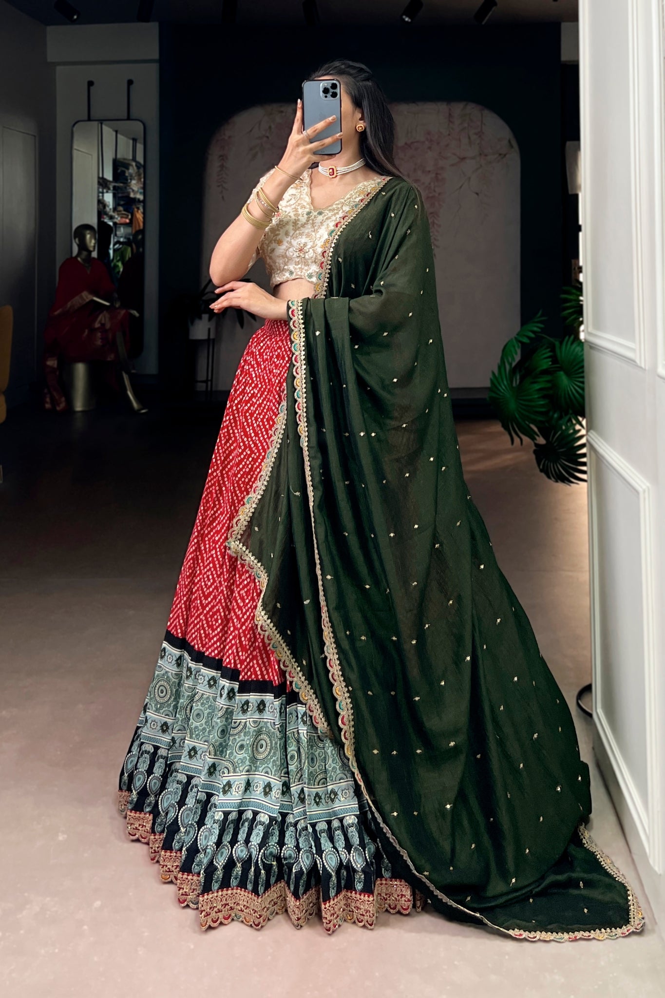 Bandhej Ajrakh Printed Lehenga Choli With Dupatta