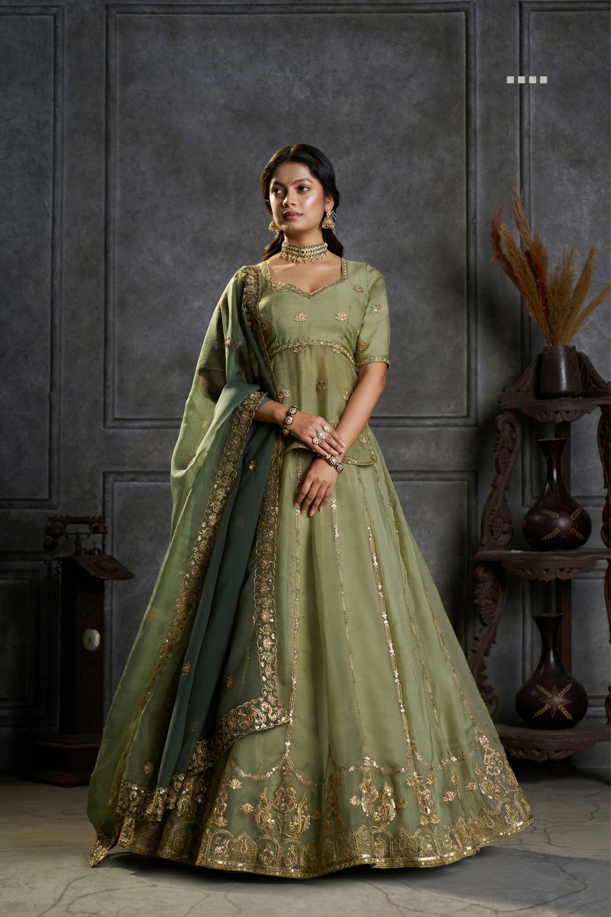 Pure Organza Embroidered Designer Sage Green Wedding & Festive Lehenga Choli With Sequin Work Dupatta