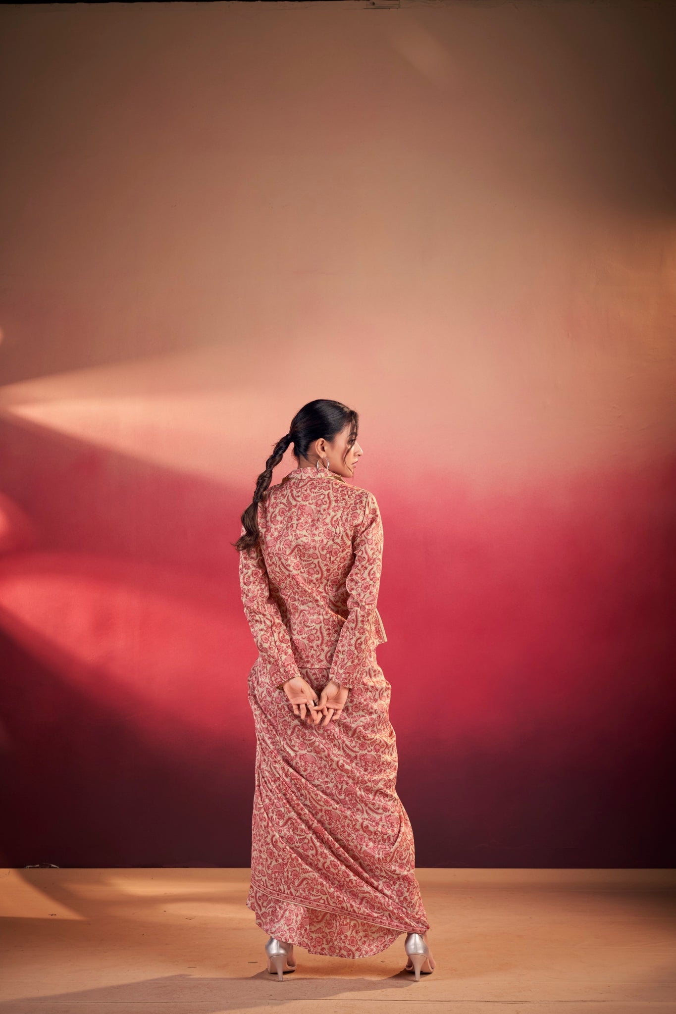 Premium Printed Tasar Silk Co-Ord Set With Draped Skirt & Tailored Jacket