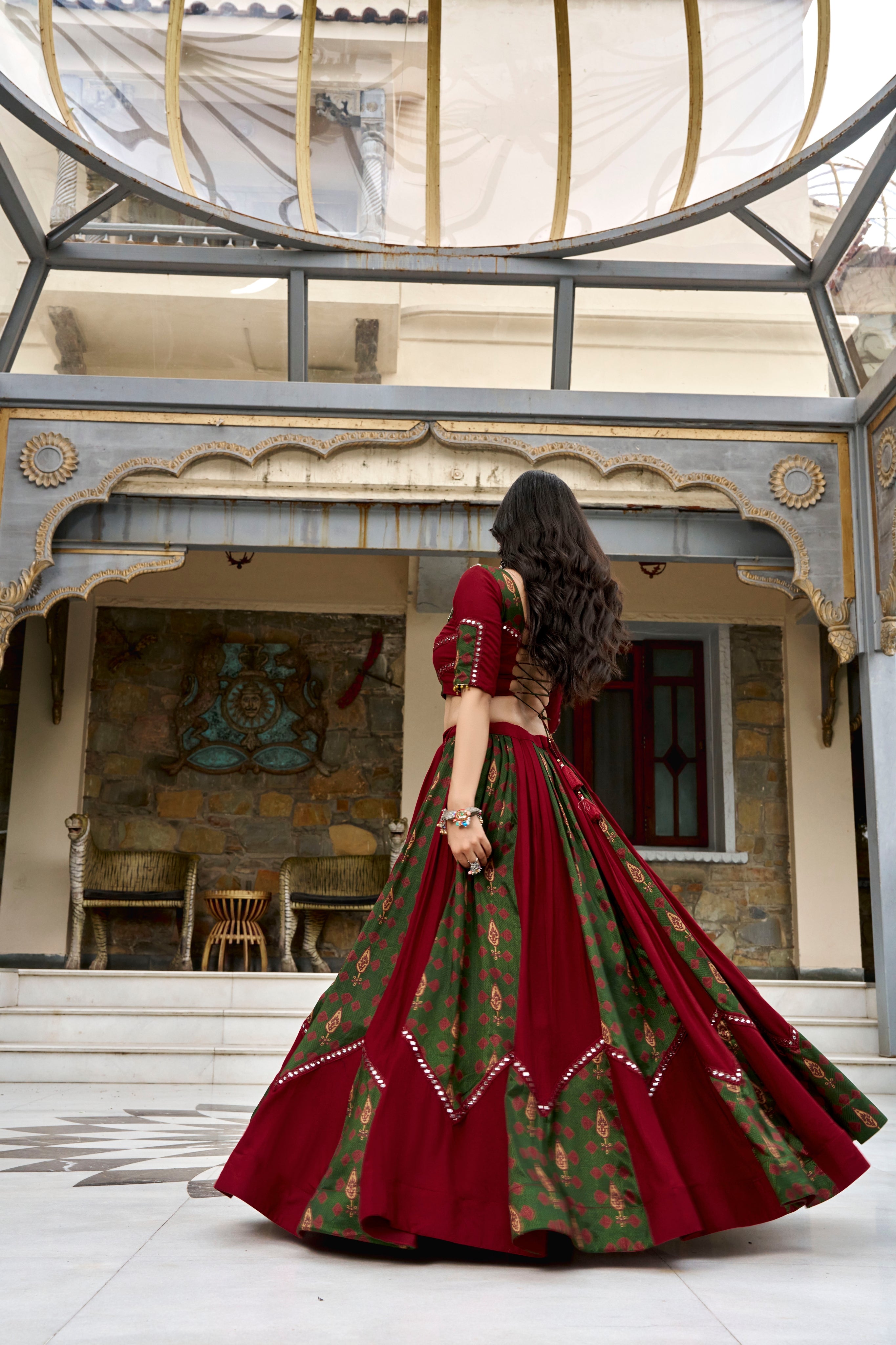 Navratri Special Raasrang Designer Maroon & Green Ajrakh Print PureRayon Lehenga Choli