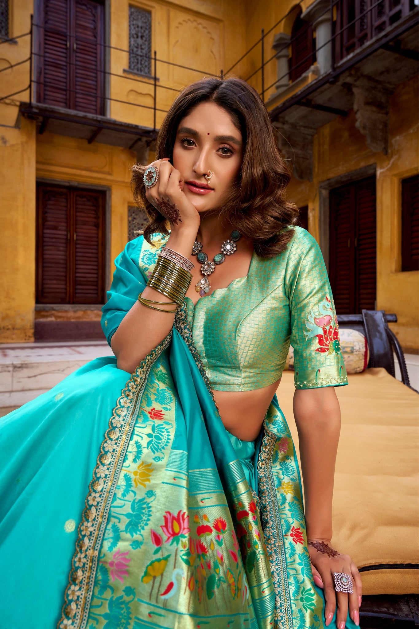 Designer Premium Paithani Soft Silk Zari Weaving Sequins With Thread Embroidery Lehenga Set