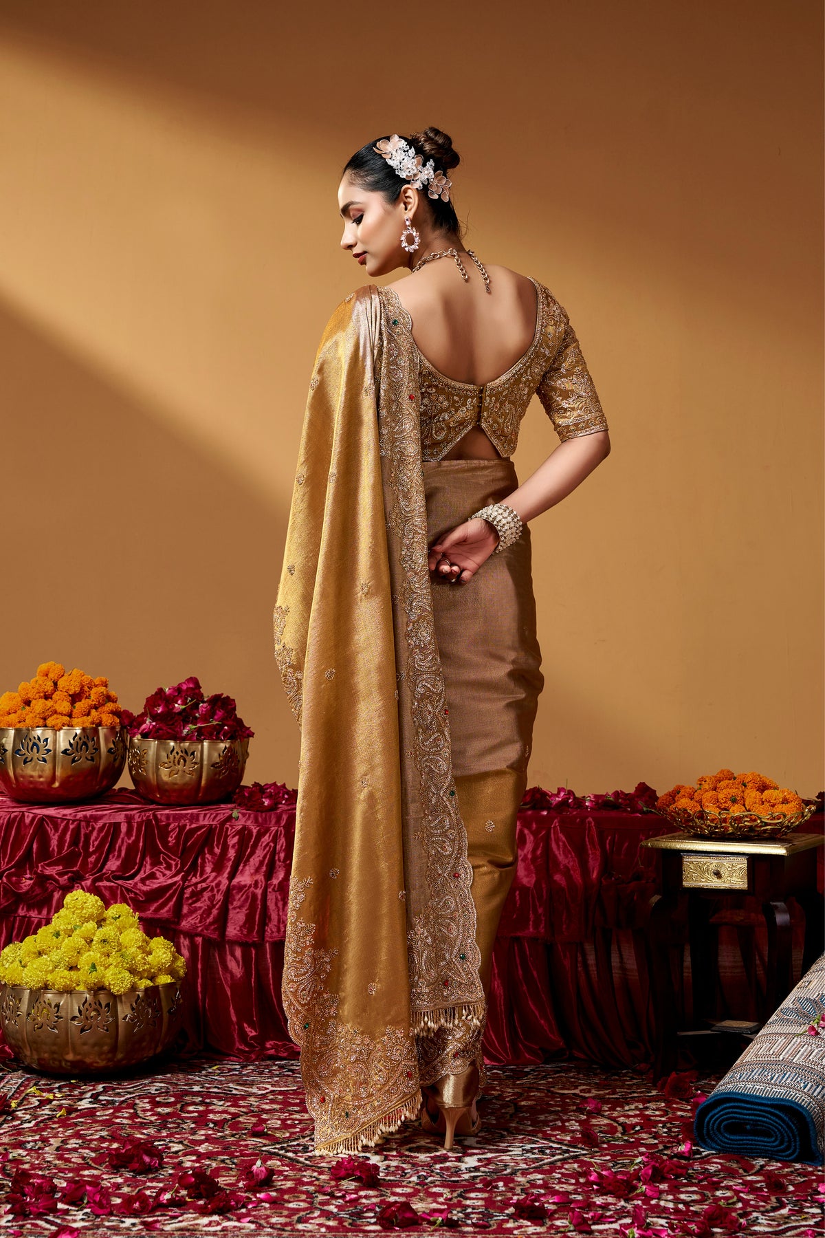 Kanjivaram Zari Tissue Designer Hand Embroider And Tube Beads Wedding Saree