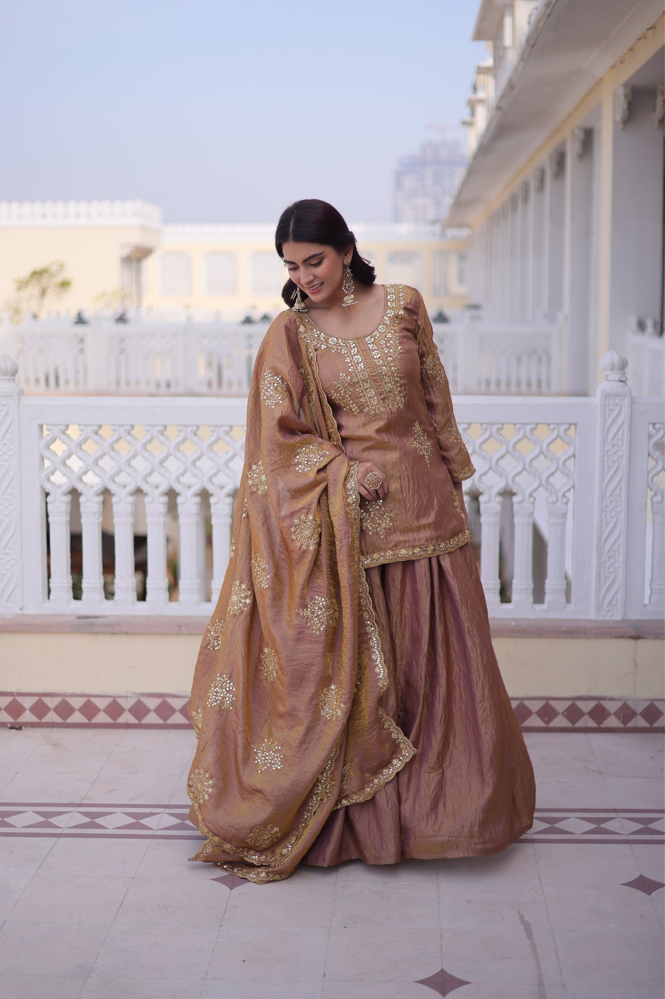 Fendi Crush Zari Sequins Embroidered Kurti Sharara Set With Designer Dupatta