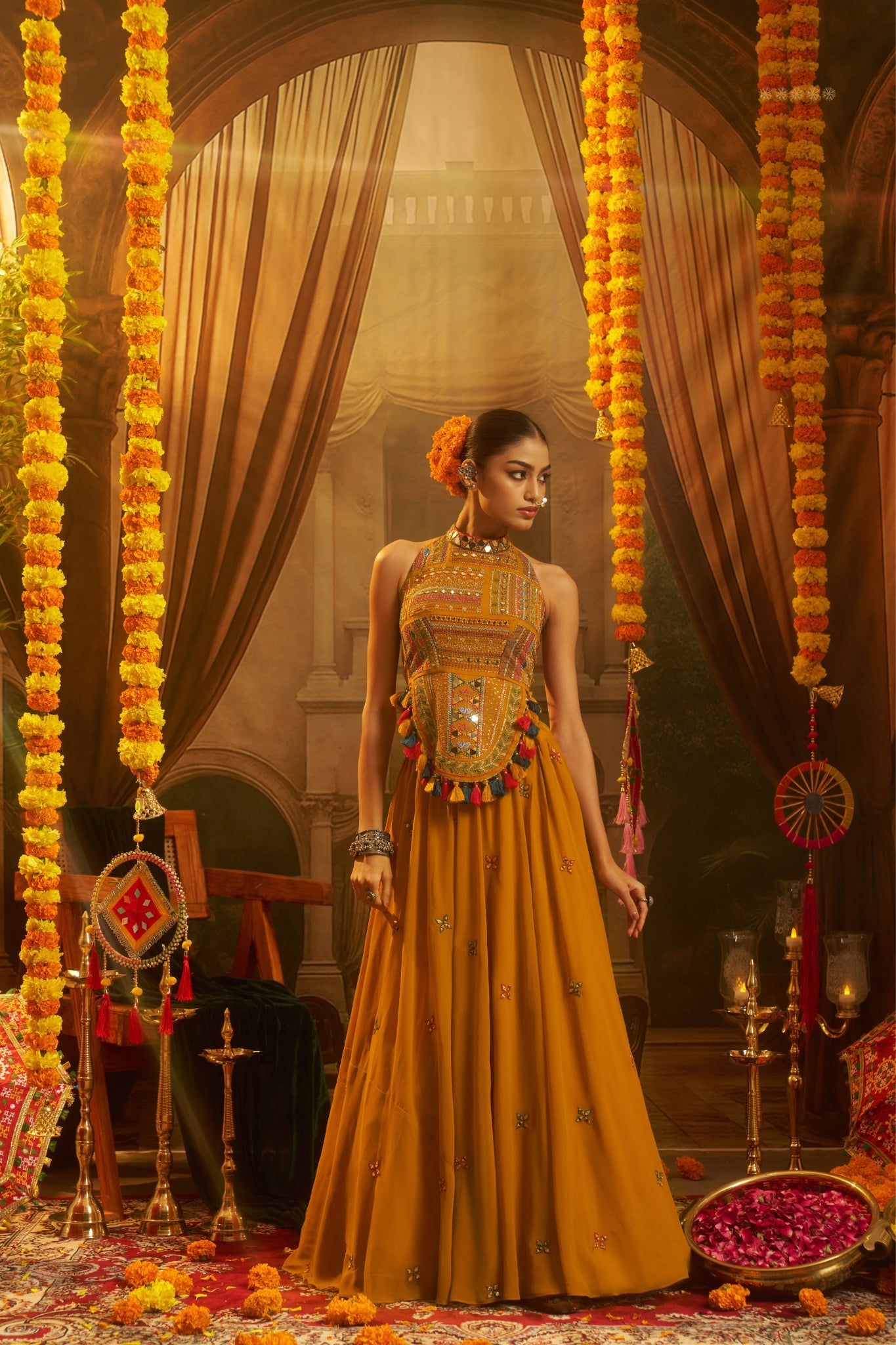 Raasrang Mustard Yellow Georgette Designer Lehenga Choli With Mirror Work Halter Blouse