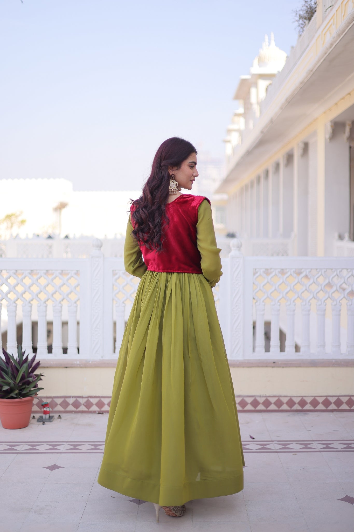 Mal Chanderi Anarkali Gown With Velvet Koti For Women