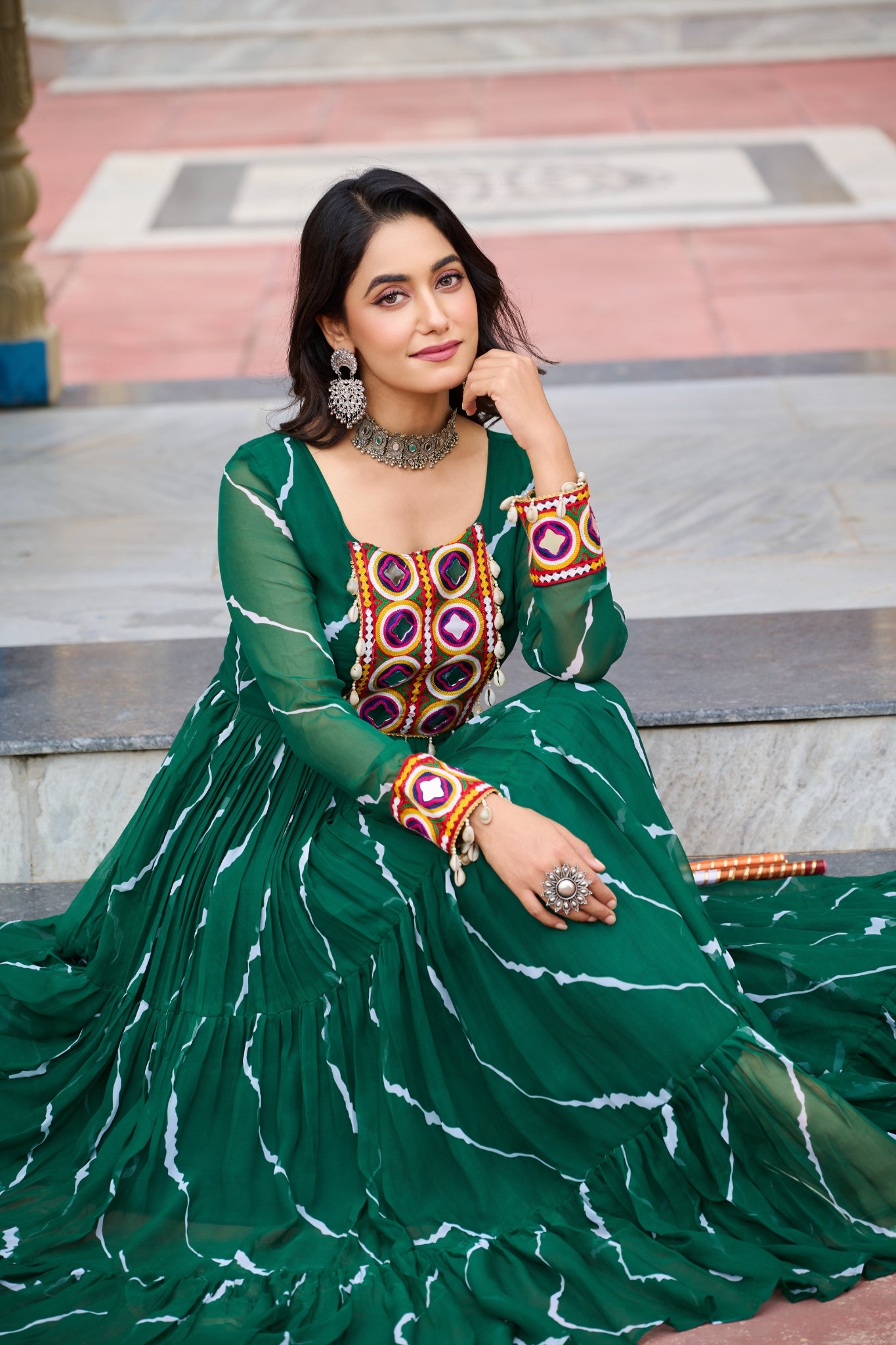 Stunning Laheriya Print With Kutchi Patch Work Georgette Stylish Navratri Gown