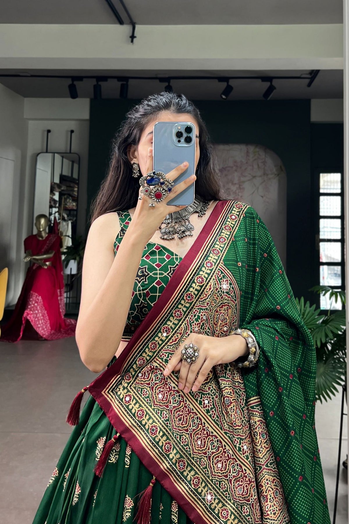 Designer Tasar Silk Ajrak Print Navratri Lehenga Choli