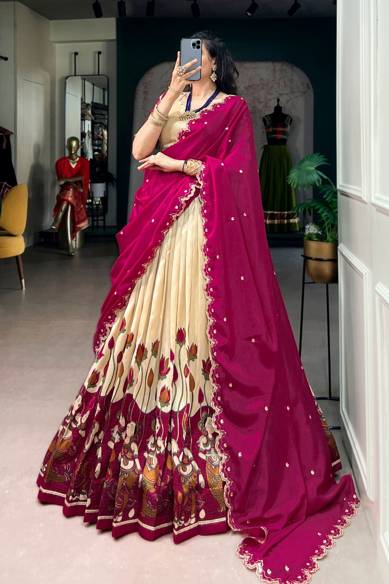 Designer Tasar Silk Kalamkari Print Wedding And Festive Lehenga Choli